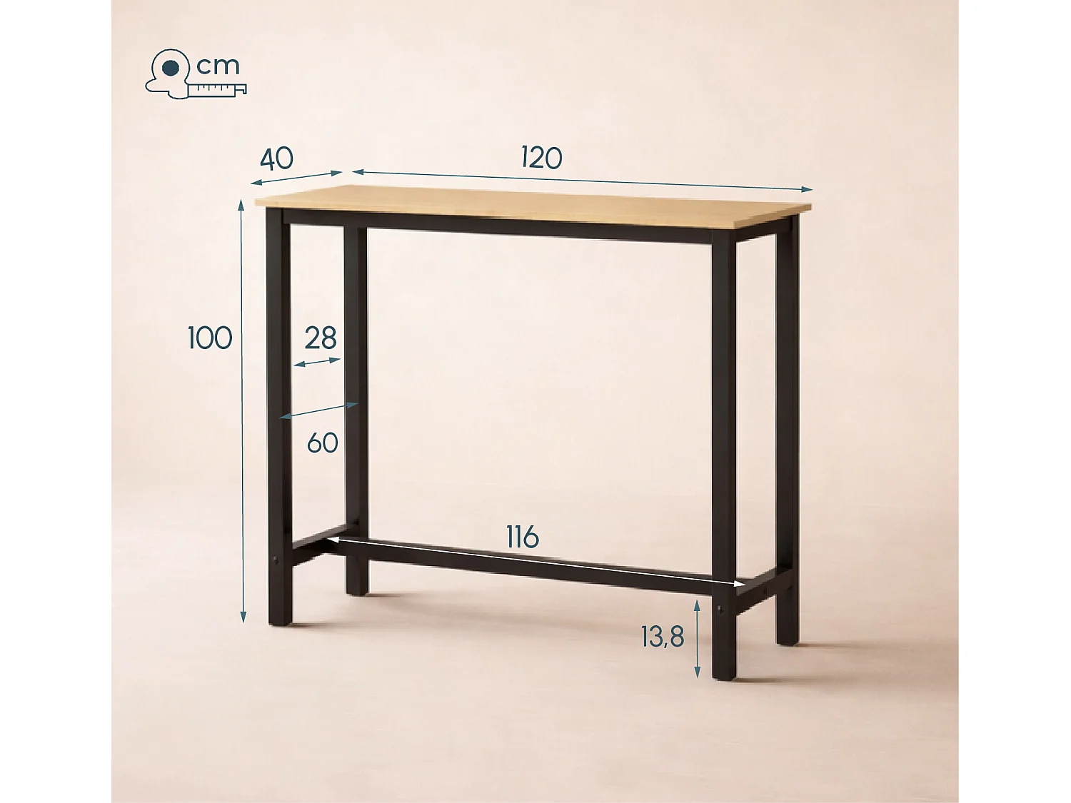 Table haute pour Cuisine Salle à manger en Noir et Sonoma 120x40x100cm Ani