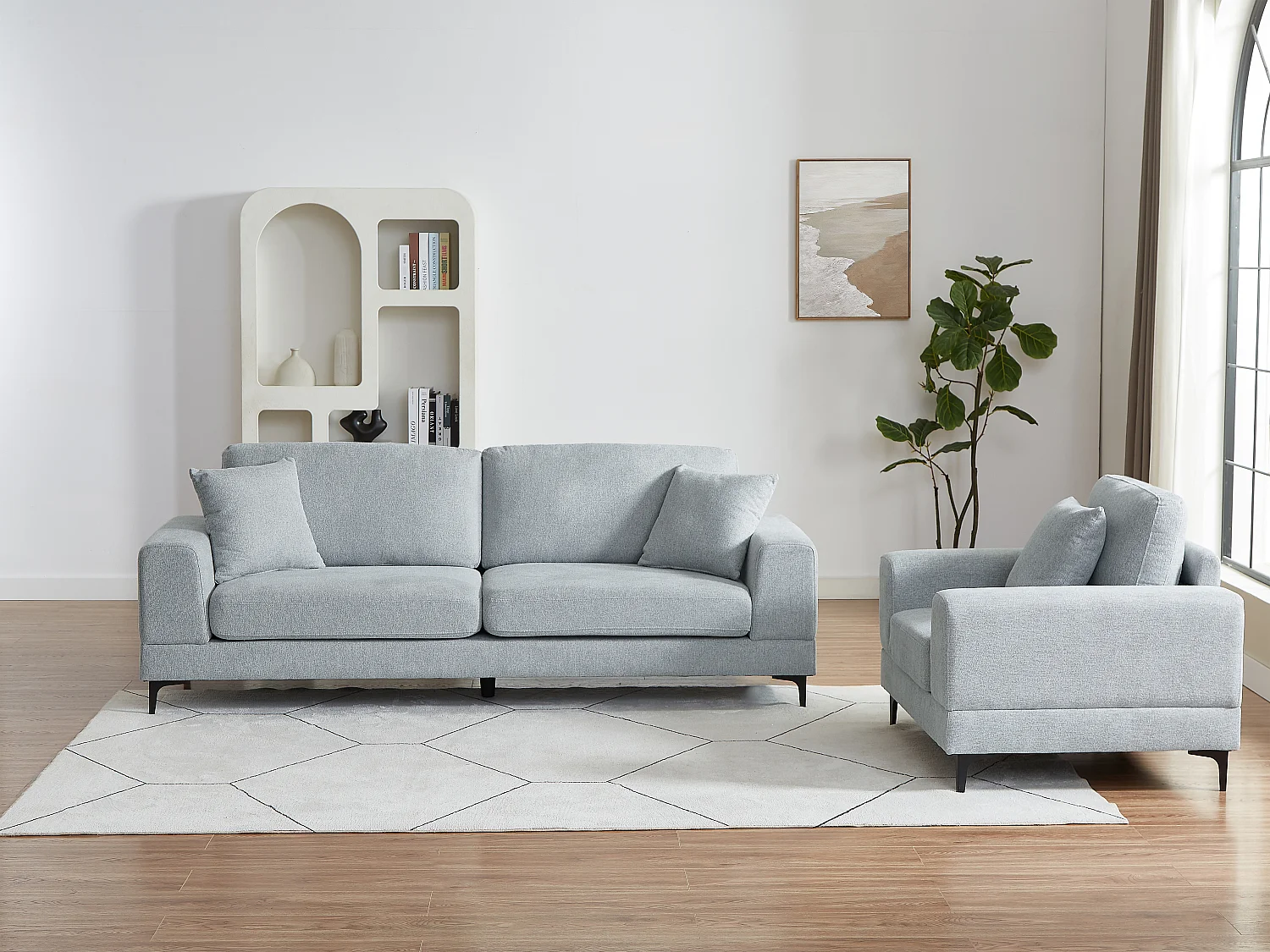 Canapé 3 places et fauteuil en tissu texturé gris clair JAMOLO