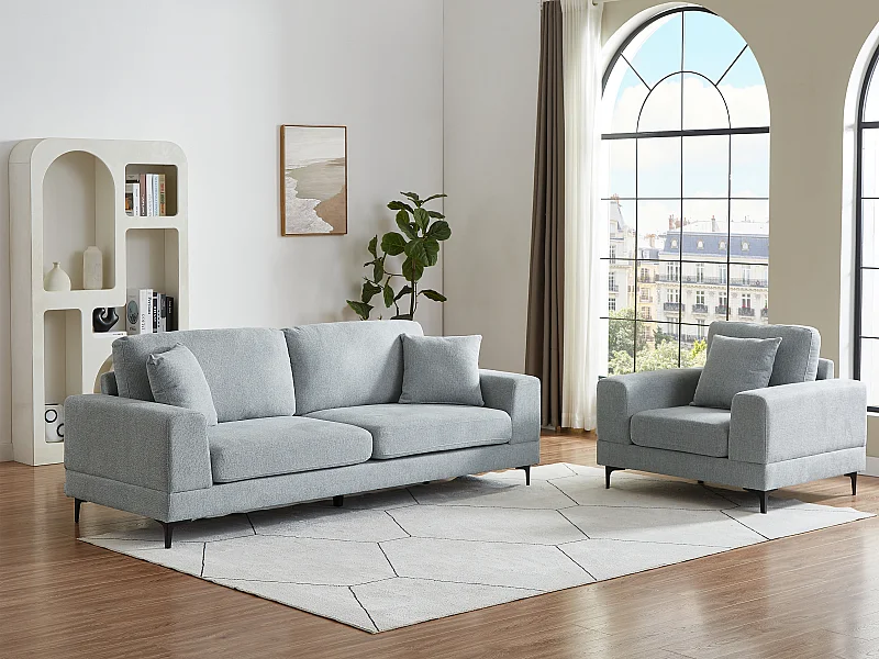 Canapé 3 places et fauteuil en tissu texturé gris clair JAMOLO