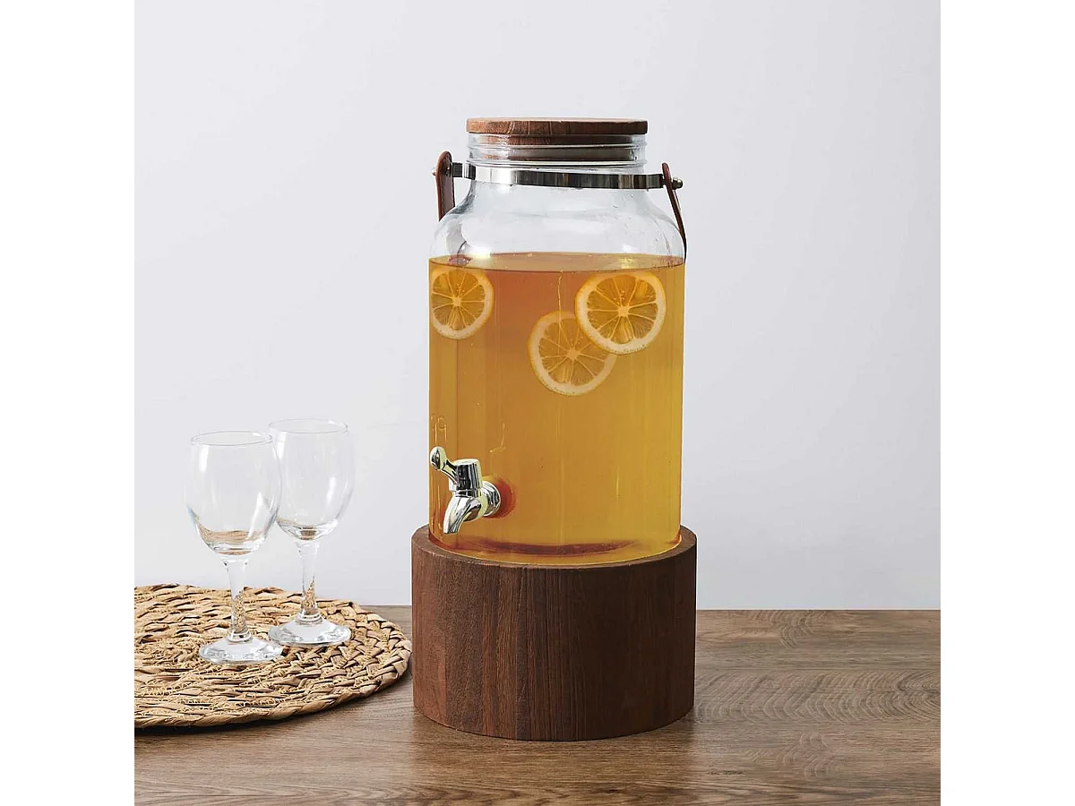 Distributeur à Boisson en Verre Support Bois 6L avec Robinet - PILOA