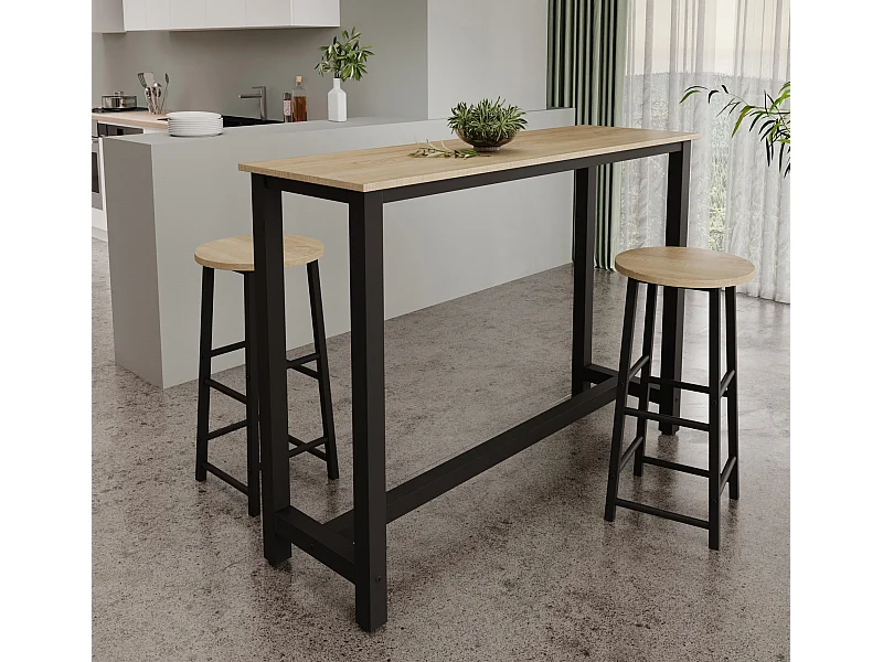 Mesa alta con taburetes para Cocina Comedor en Negro y Sonoma 140x40x100cm Ani
