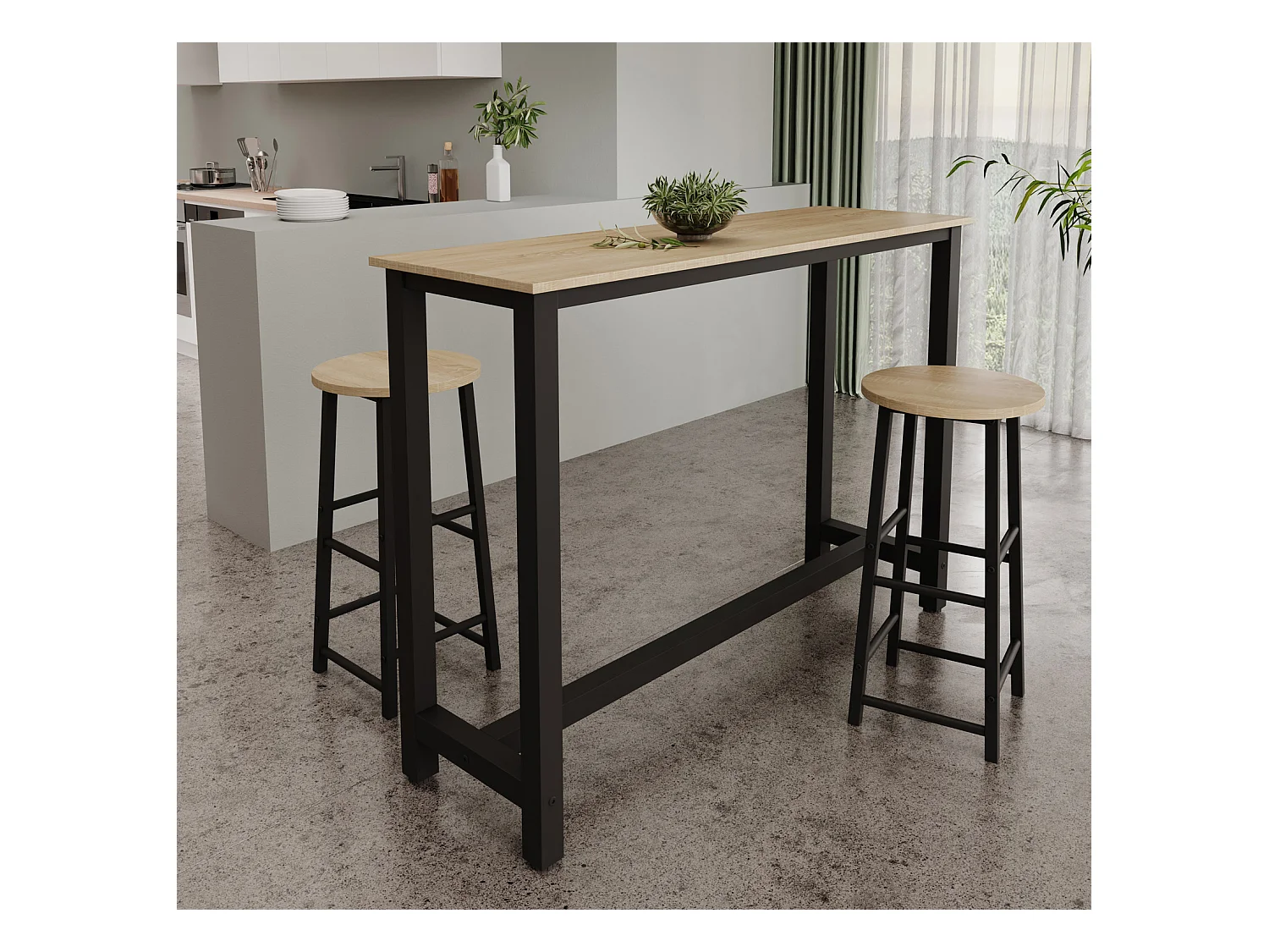 Table haute avec 2 tabourets en Noir et Sonoma 140x40x100cm Ani