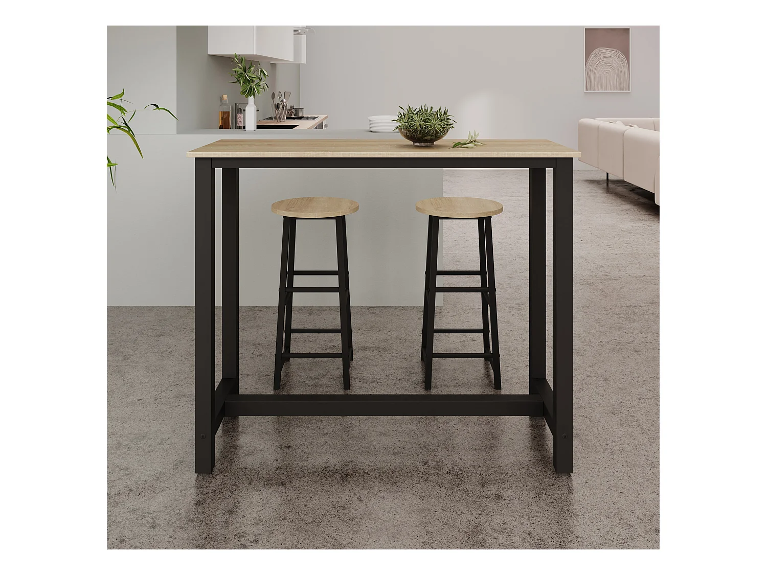 Table haute avec 2 tabourets en Noir et Sonoma 140x40x100cm Ani