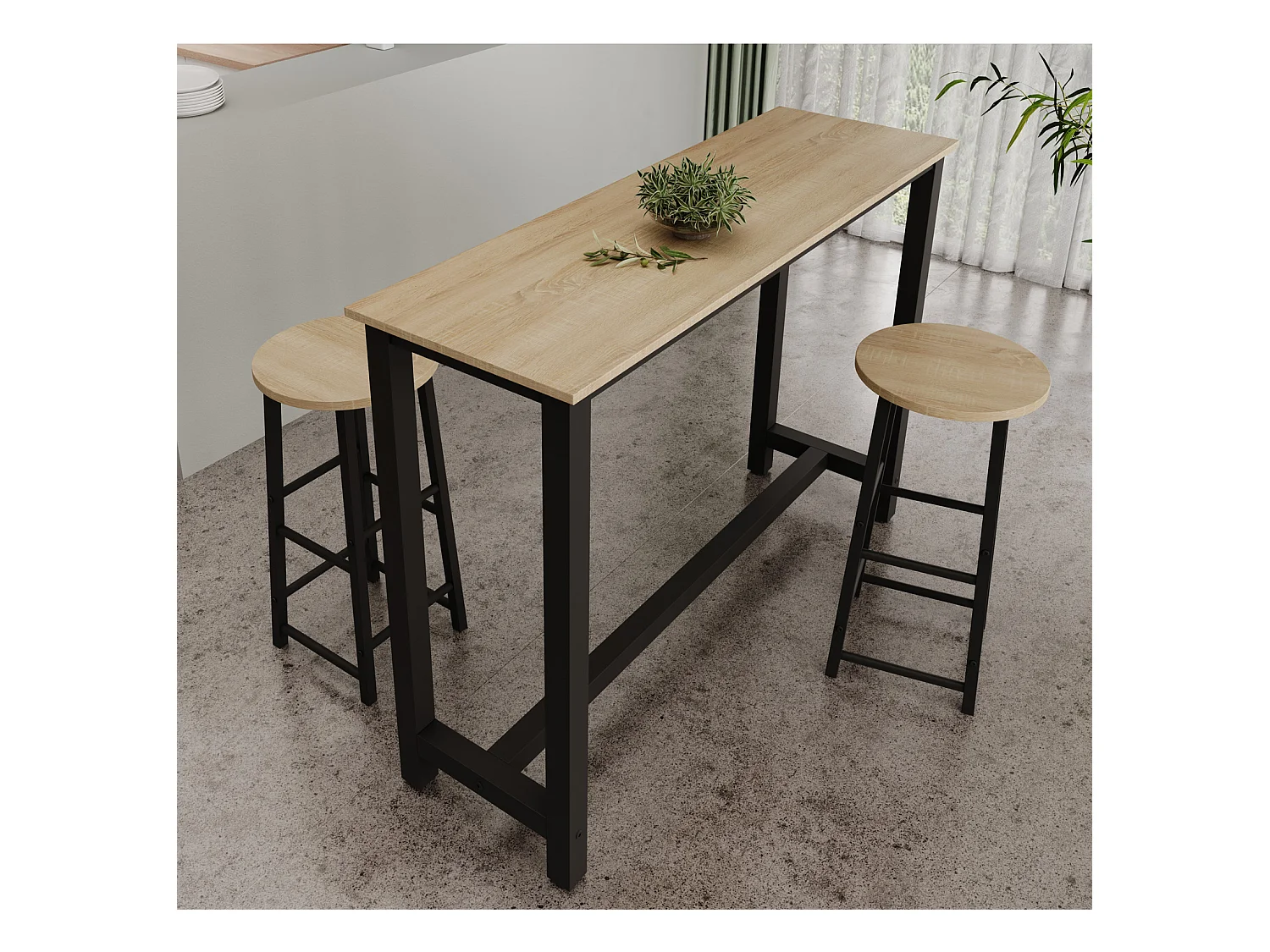 Table haute avec 2 tabourets en Noir et Sonoma 140x40x100cm Ani