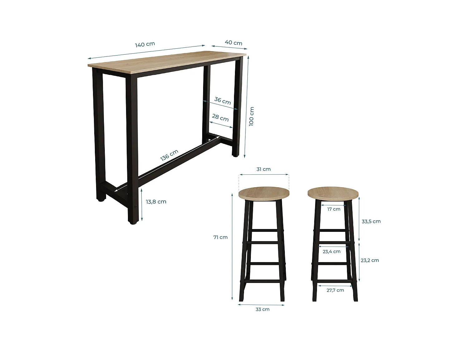 Table haute avec 2 tabourets en Noir et Sonoma 140x40x100cm Ani