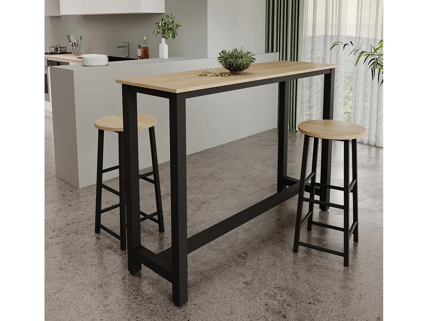 Mesa alta con taburetes para Cocina Comedor en Negro y Sonoma 140x40x100cm Ani