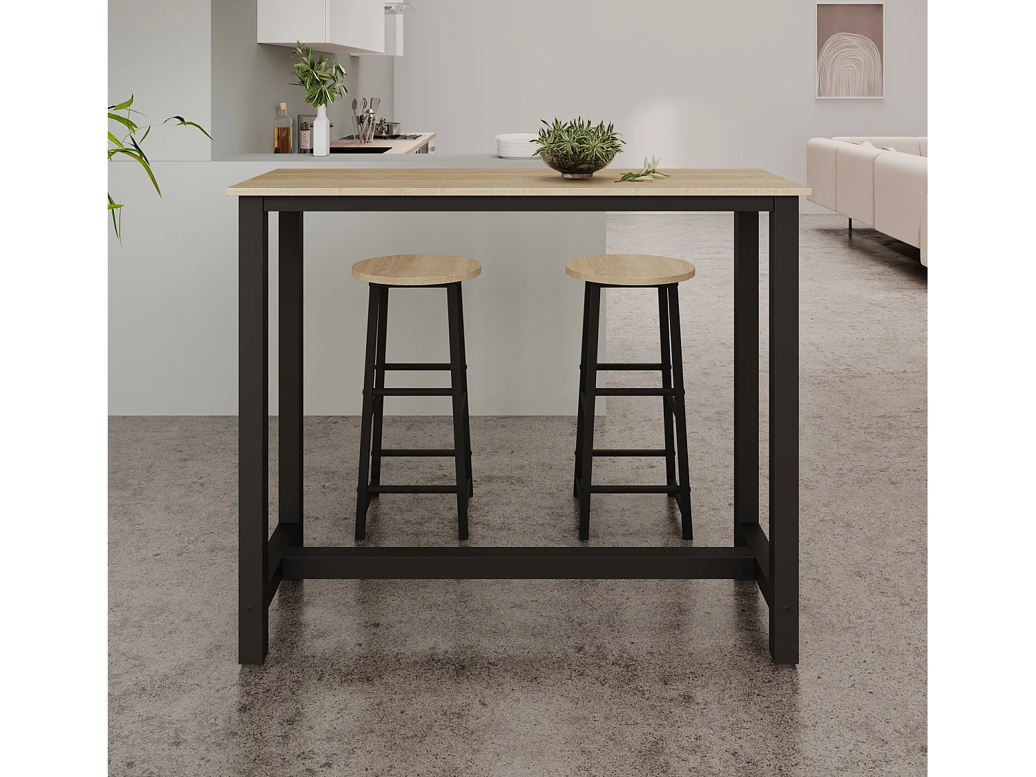 Mesa alta con taburetes para Cocina Comedor en Negro y Sonoma 140x40x100cm Ani