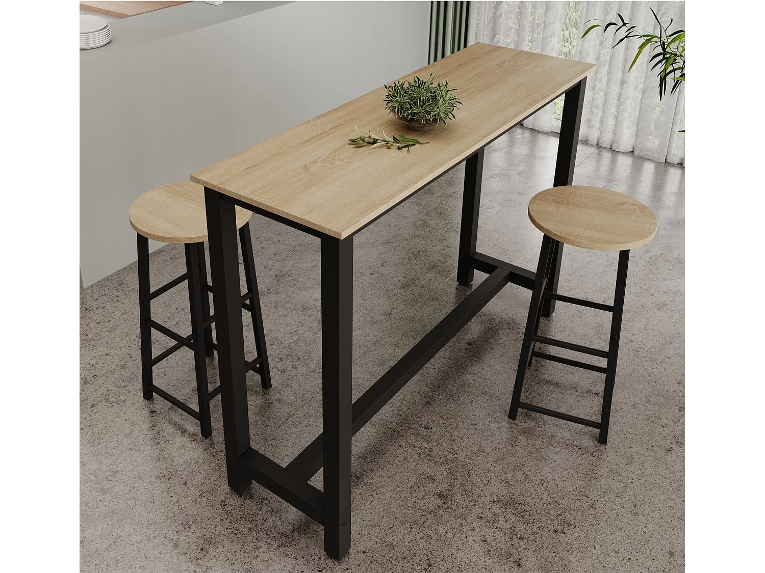 Mesa alta con taburetes para Cocina Comedor en Negro y Sonoma 140x40x100cm Ani