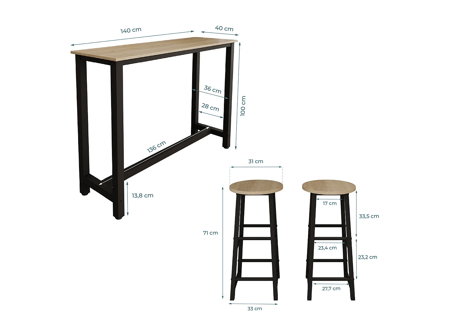 Mesa alta con taburetes para Cocina Comedor en Negro y Sonoma 140x40x100cm Ani