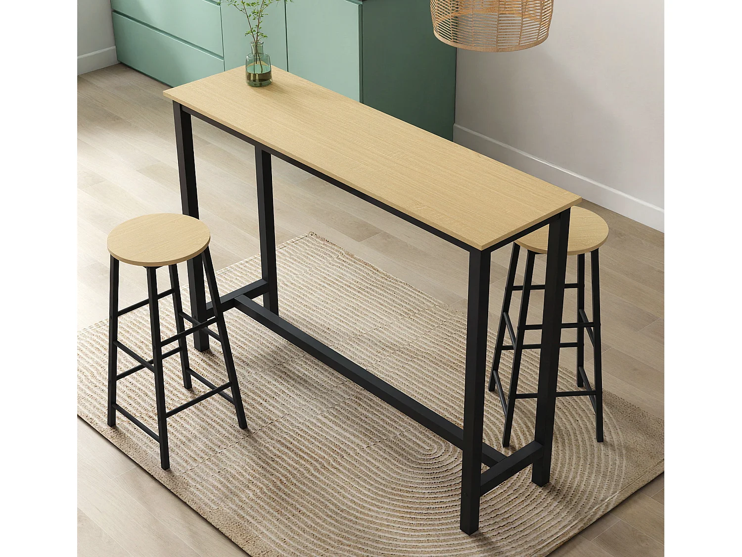 Table haute avec 2 tabourets en Noir et Sonoma 140x40x100cm Ani