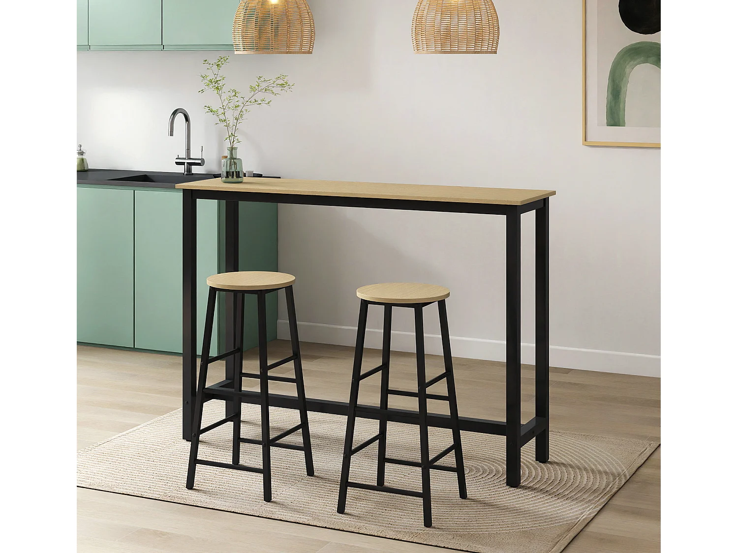 Table haute avec 2 tabourets en Noir et Sonoma 140x40x100cm Ani