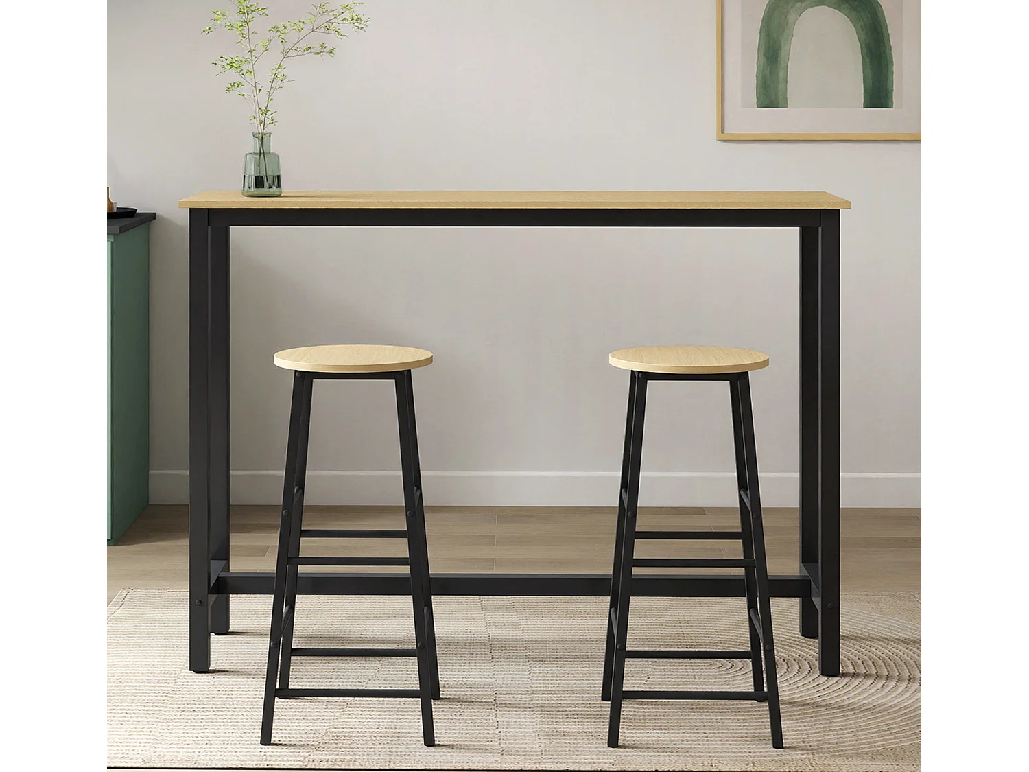 Table haute avec 2 tabourets en Noir et Sonoma 140x40x100cm Ani