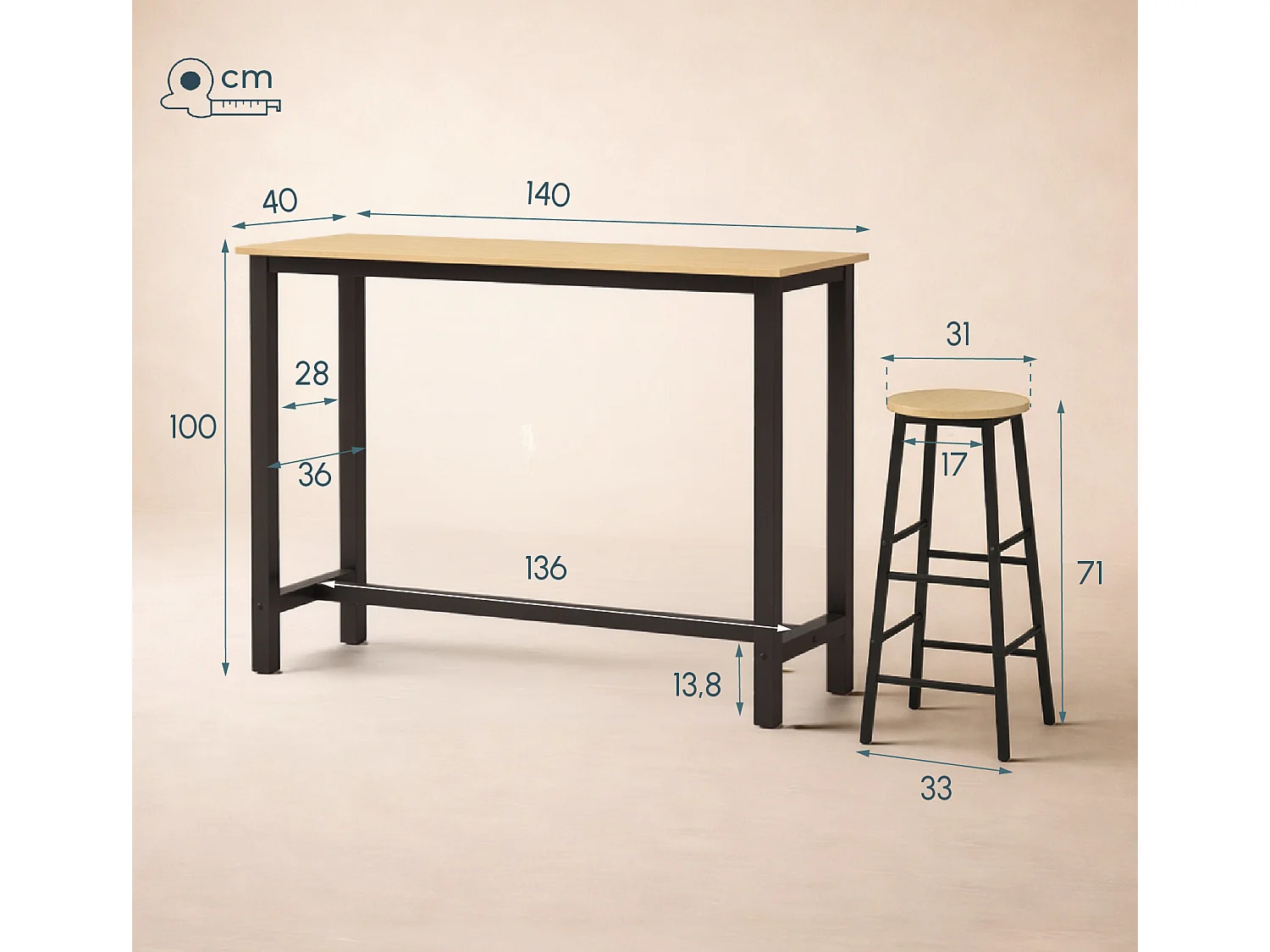 Table haute avec 2 tabourets en Noir et Sonoma 140x40x100cm Ani