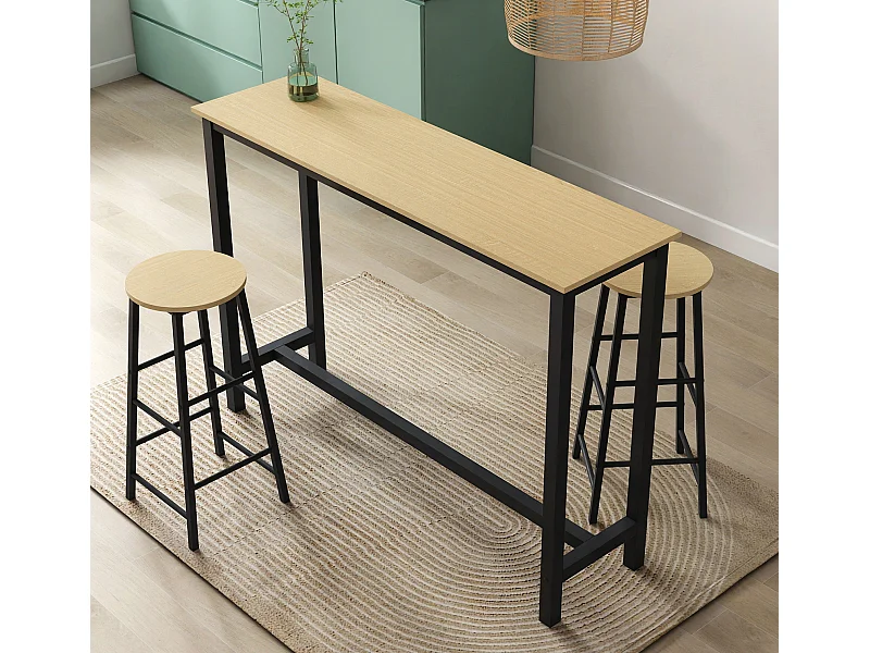 Mesa alta con taburetes para Cocina Comedor en Negro y Sonoma 140x40x100cm Ani