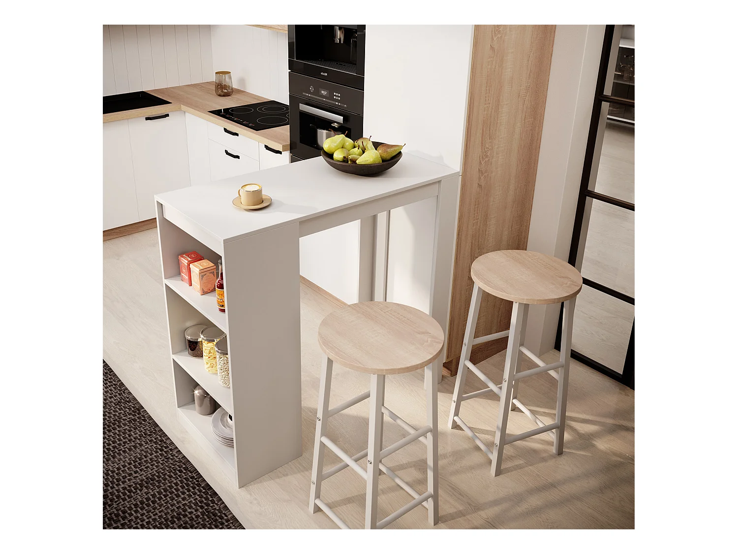 Table haute avec 2 tabourets pour Cuisine Salle à manger en Blanc 110x50x103cm Kyra