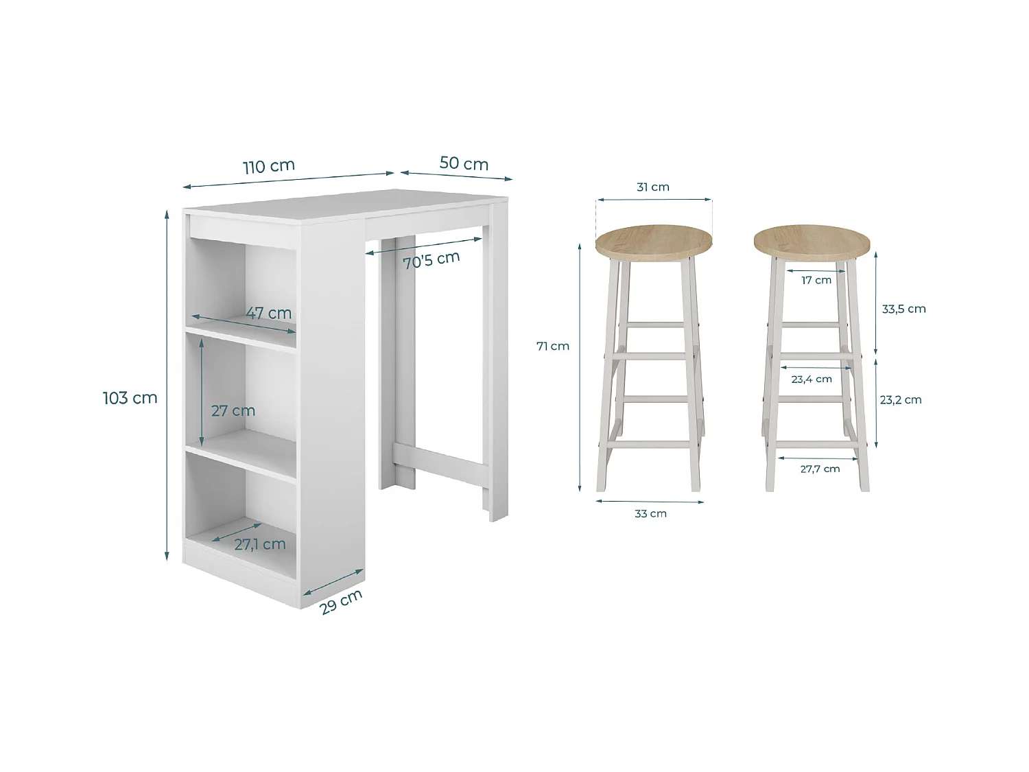 Table haute avec 2 tabourets pour Cuisine Salle à manger en Blanc 110x50x103cm Kyra