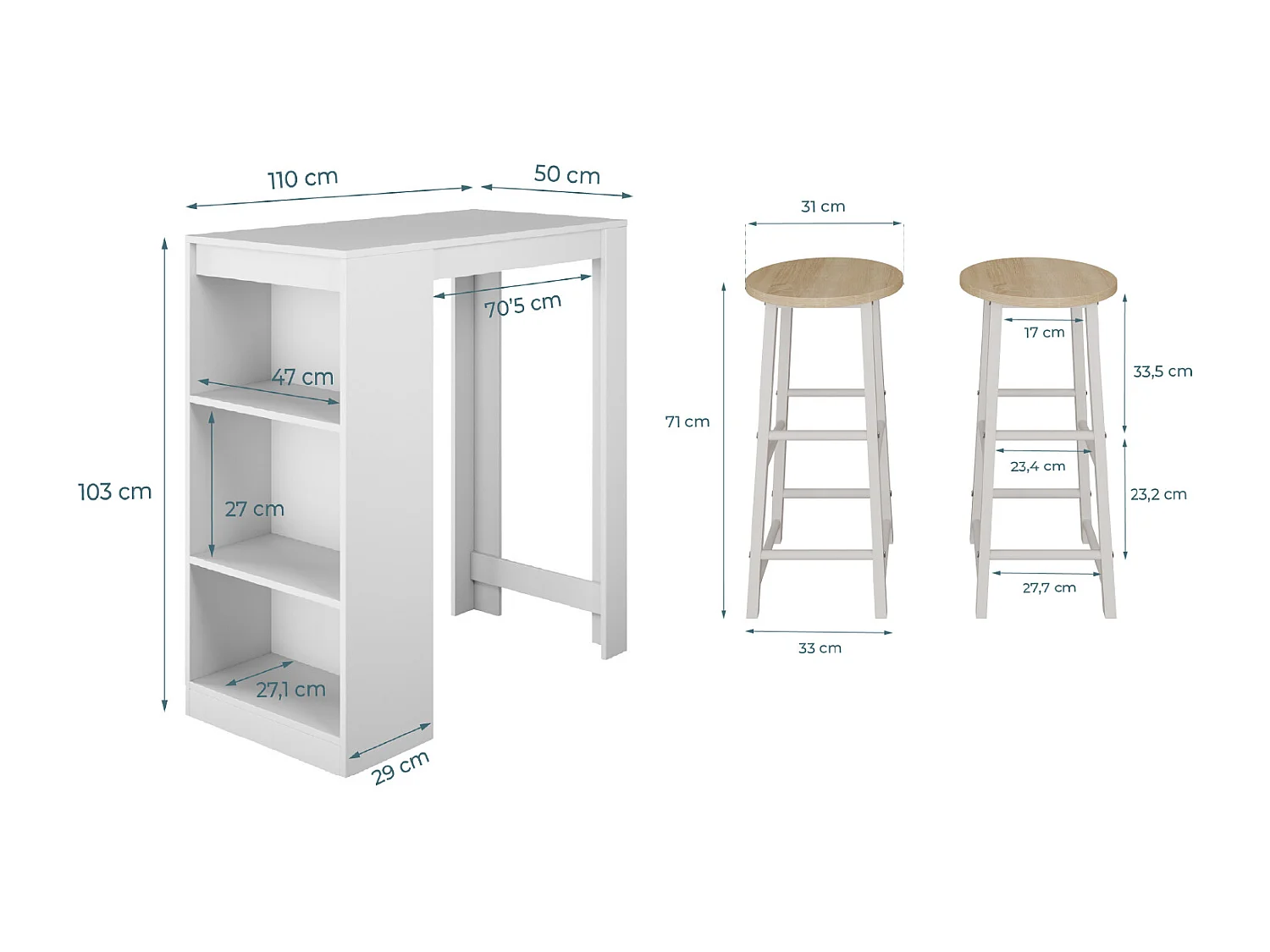 Table haute avec 2 tabourets pour Cuisine Salle à manger en Blanc 110x50x103cm Kyra