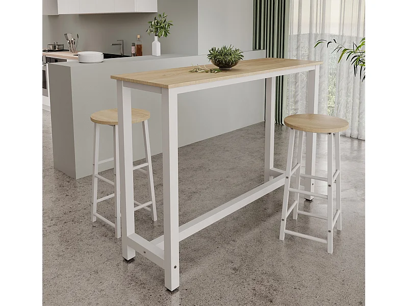 Mesa alta con taburetes para Cocina Comedor en Blanco y Sonoma 140x40x100cm Ani