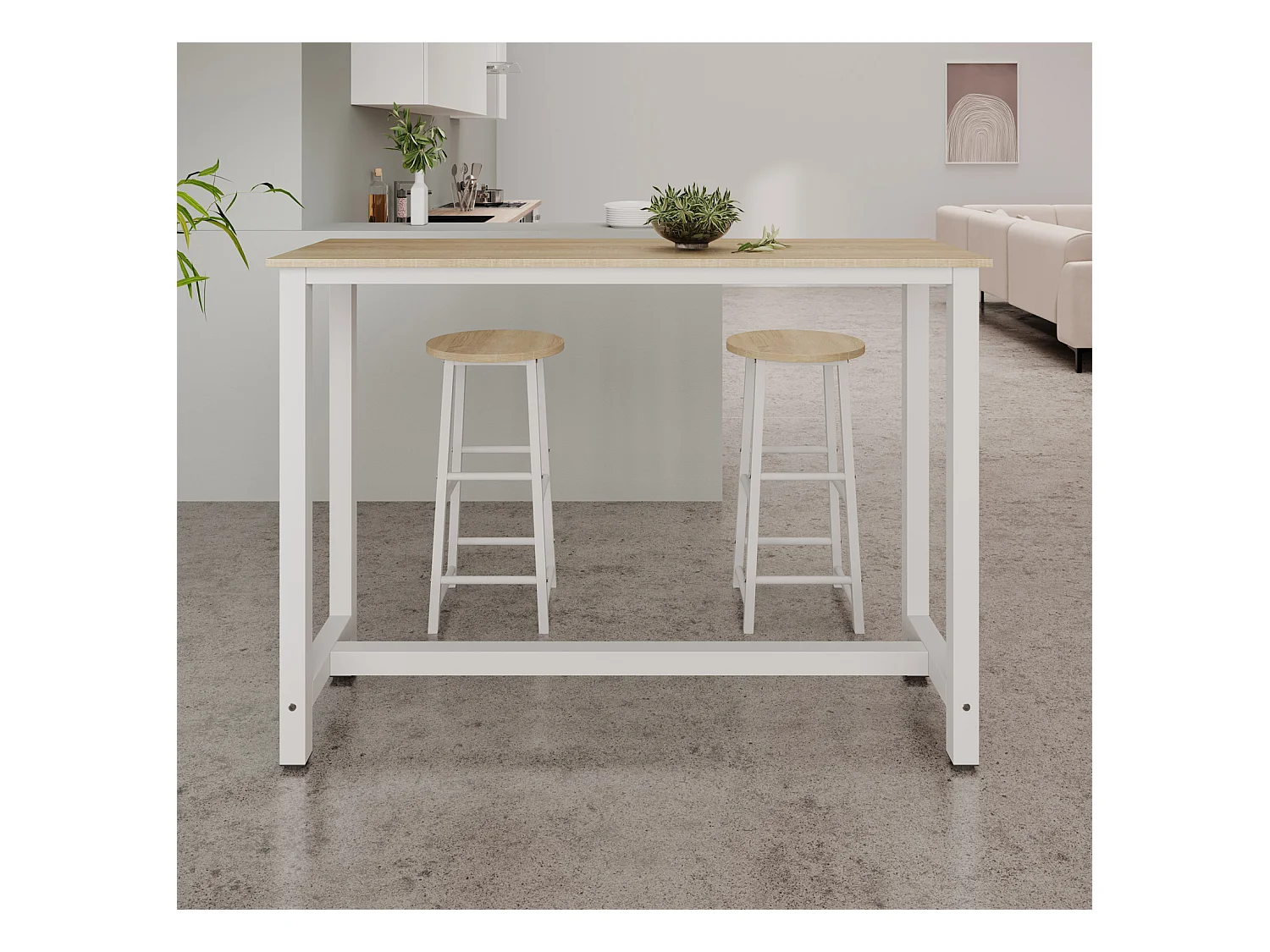 Table haute avec 2 tabourets en Blanc et Sonoma 140x40x100cm Ani