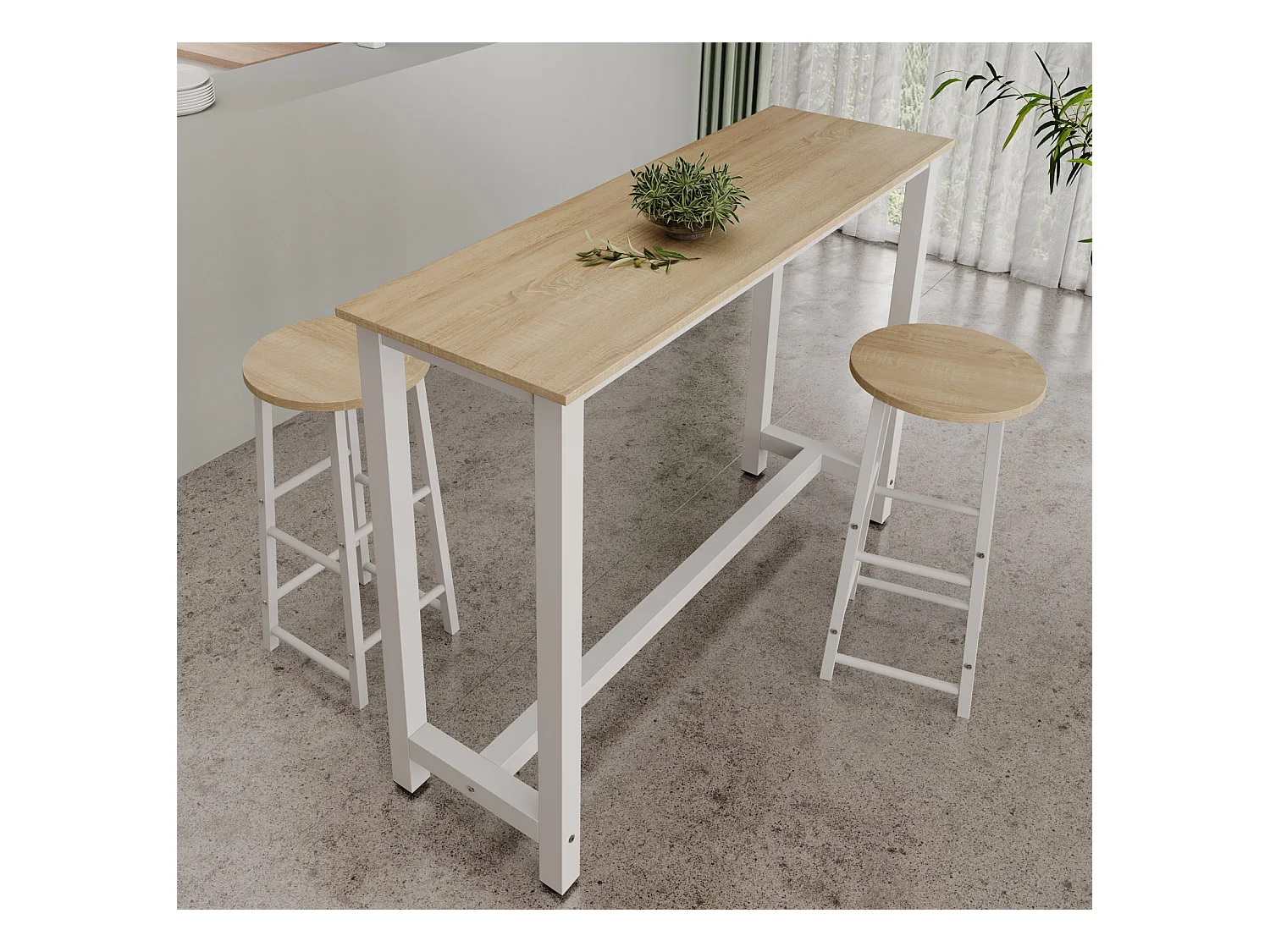 Table haute avec 2 tabourets en Blanc et Sonoma 140x40x100cm Ani