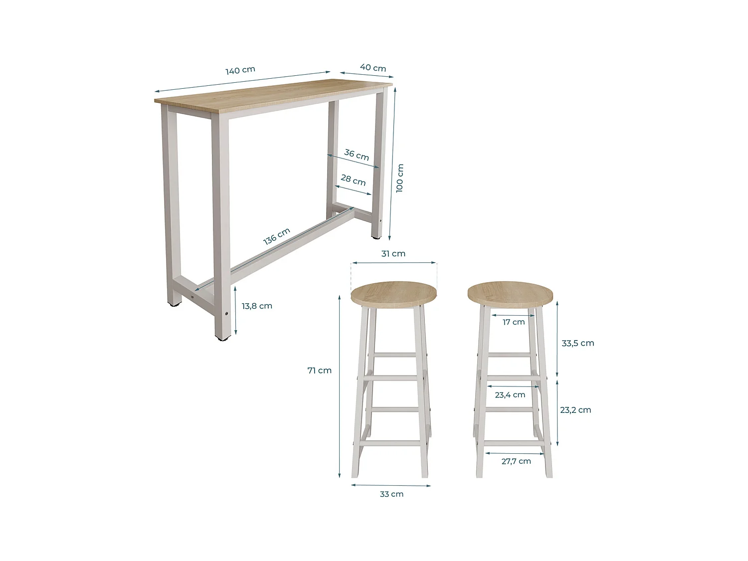 Table haute avec 2 tabourets en Blanc et Sonoma 140x40x100cm Ani