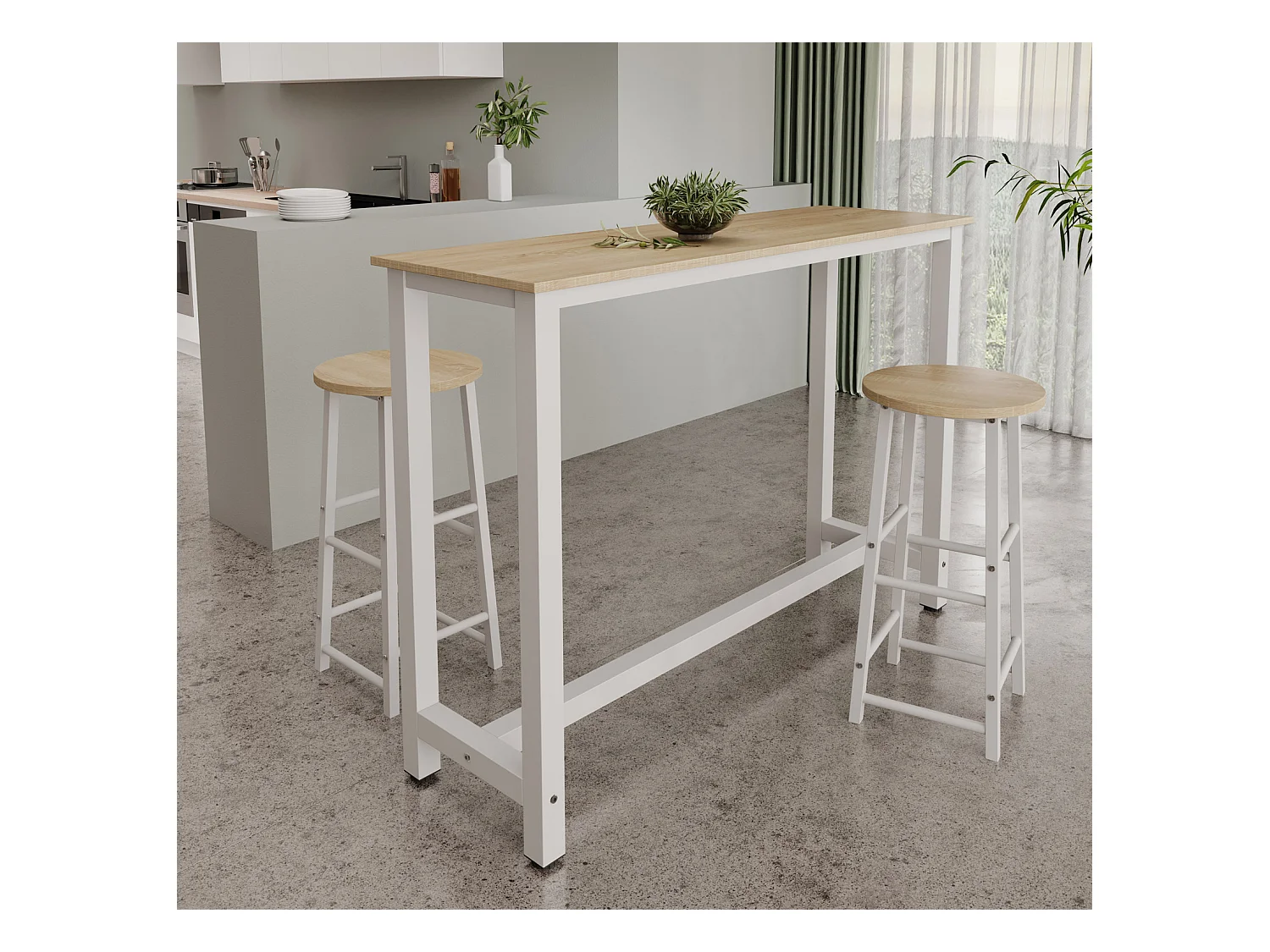 Table haute avec 2 tabourets en Blanc et Sonoma 140x40x100cm Ani