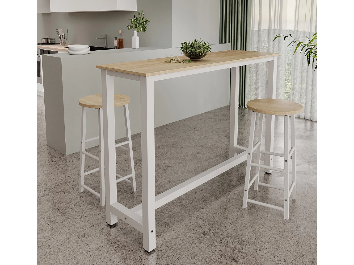 Table haute avec 2 tabourets en Blanc et Sonoma 140x40x100cm Ani