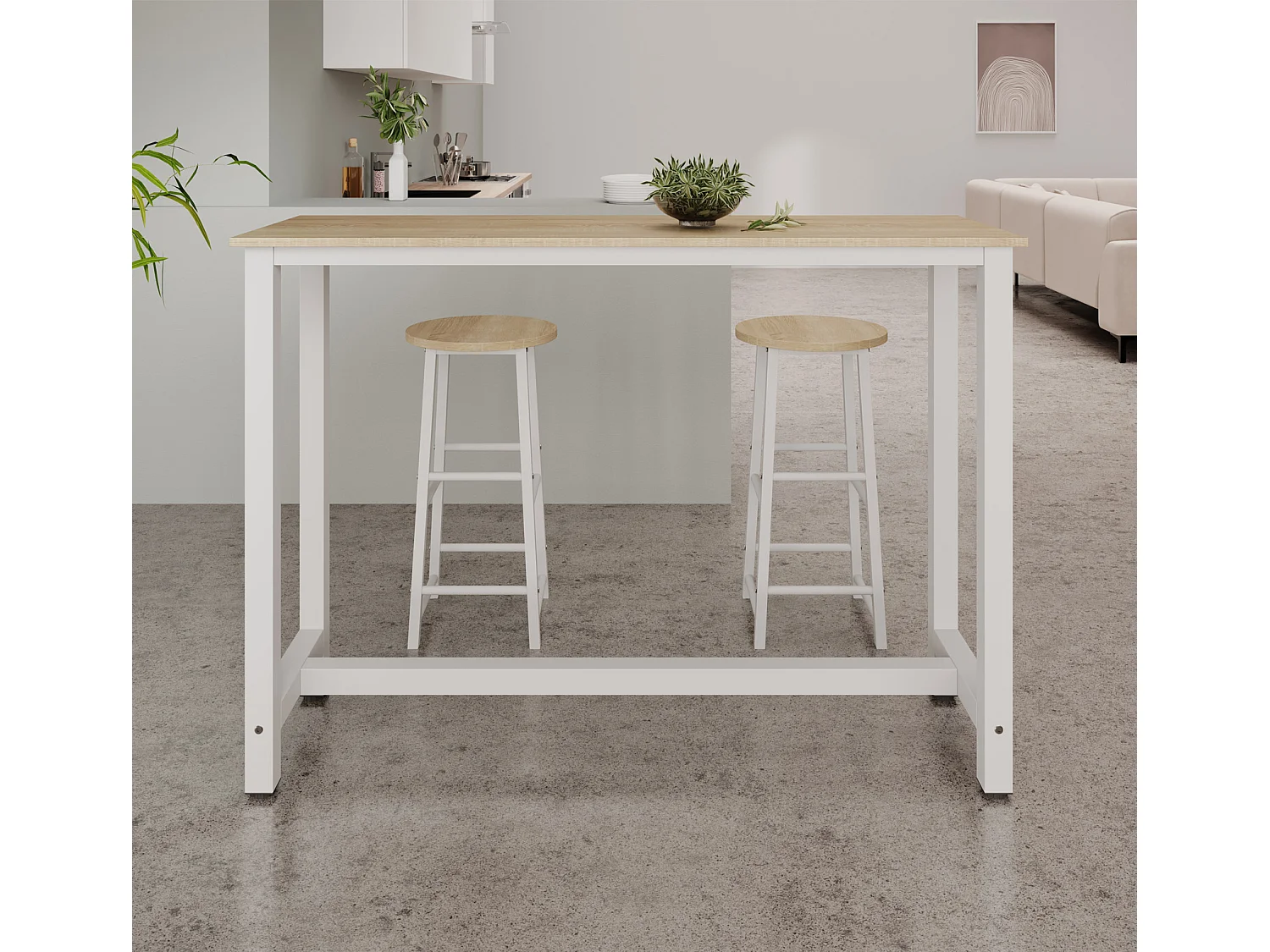 Table haute avec 2 tabourets en Blanc et Sonoma 140x40x100cm Ani