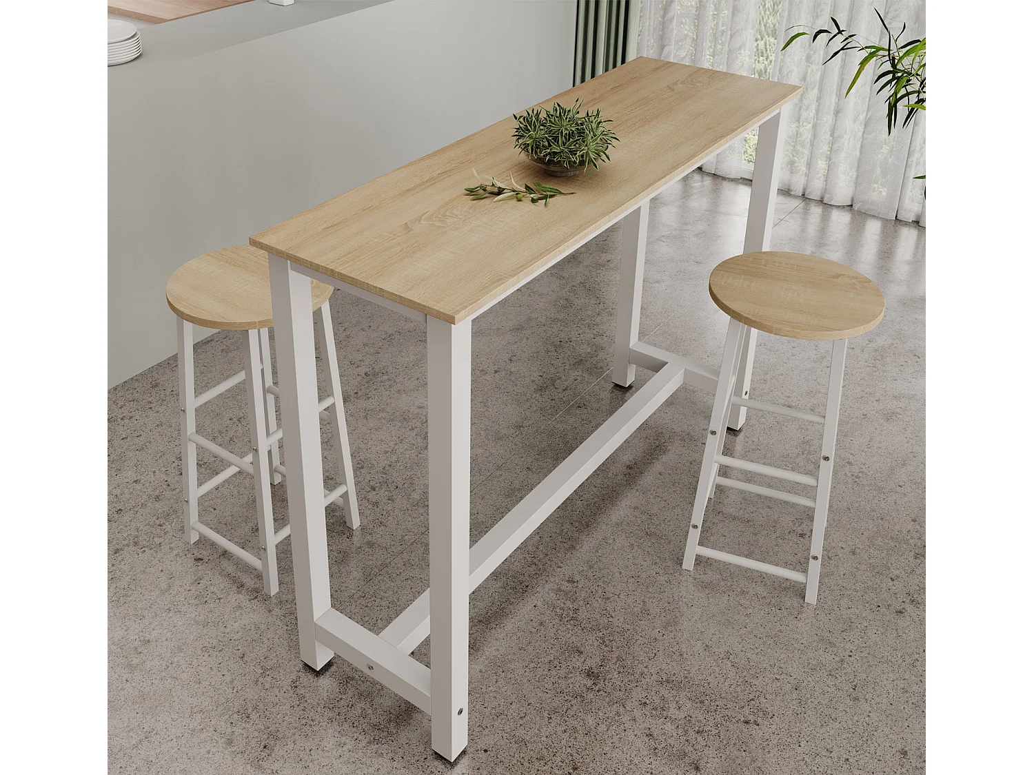 Table haute avec 2 tabourets en Blanc et Sonoma 140x40x100cm Ani