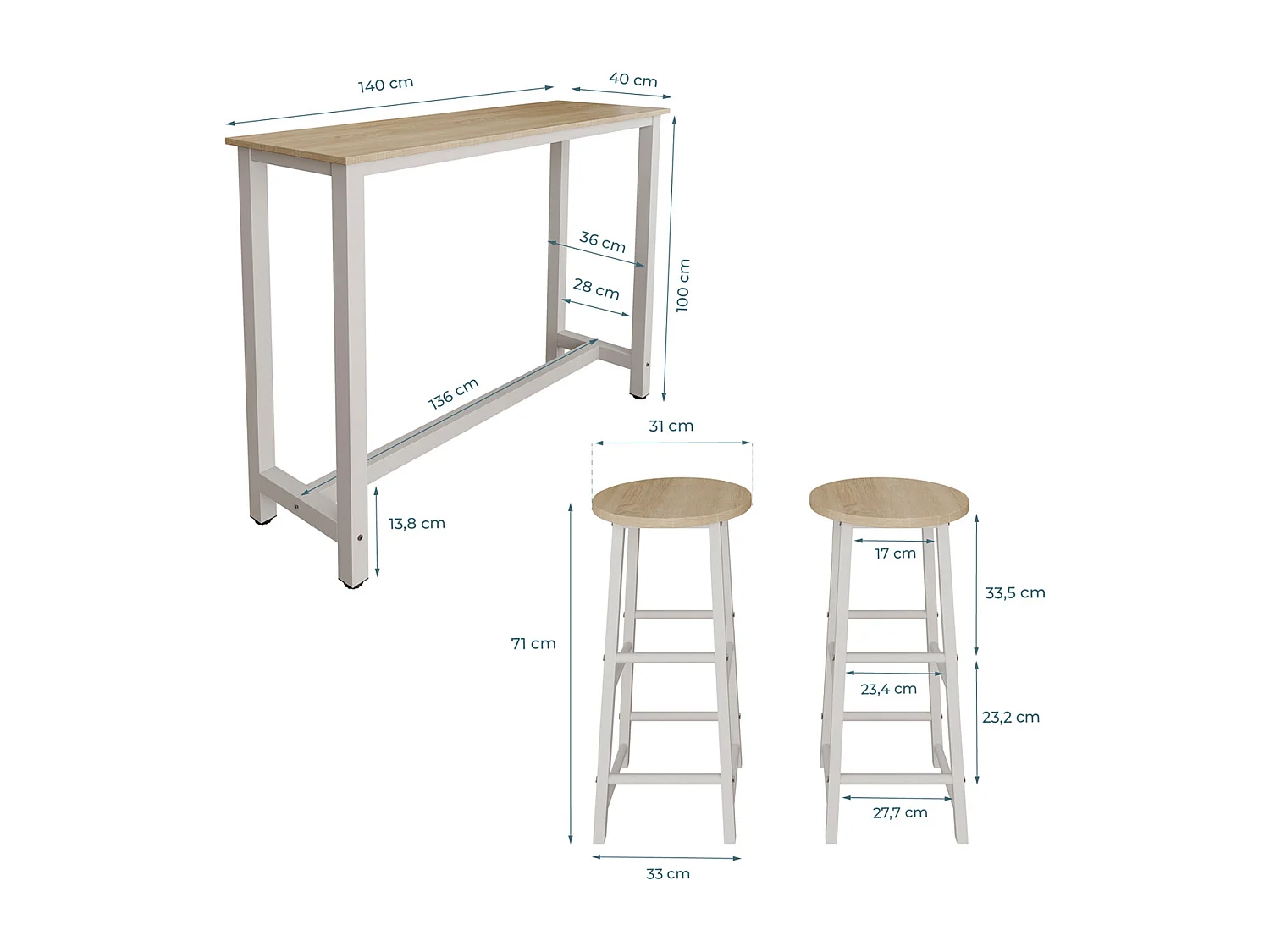 Table haute avec 2 tabourets en Blanc et Sonoma 140x40x100cm Ani
