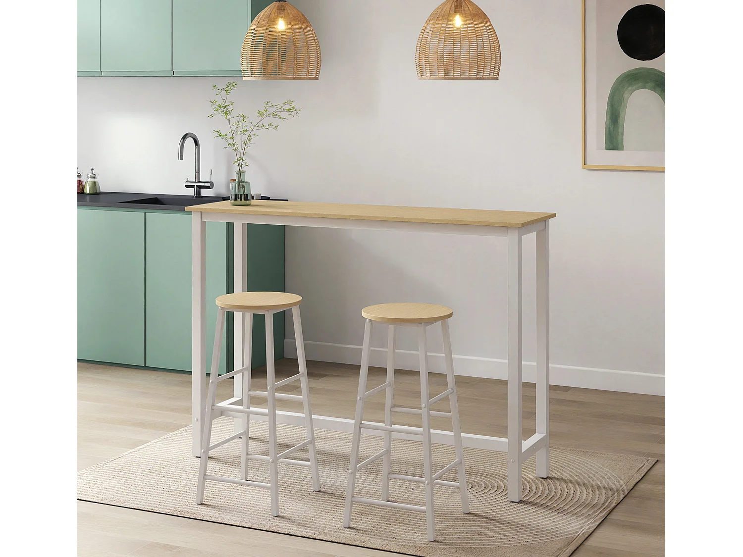 Mesa alta con taburetes para Cocina Comedor en Blanco y Sonoma 140x40x100cm Ani