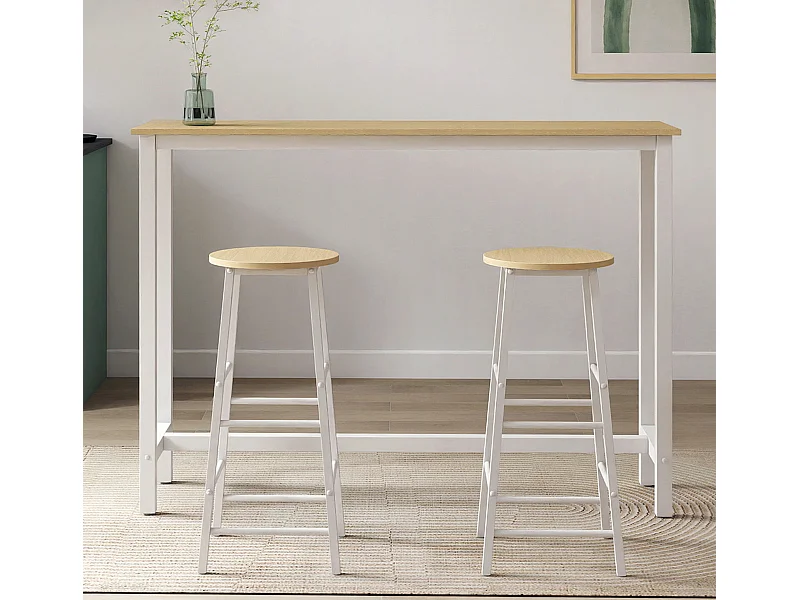 Table haute avec 2 tabourets en Blanc et Sonoma 140x40x100cm Ani