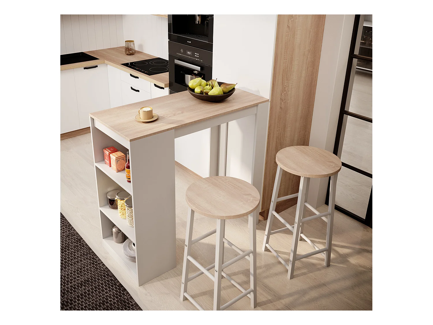 Table haute avec 2 tabourets en Blanc et Sonoma 110x50x103cm Kyra