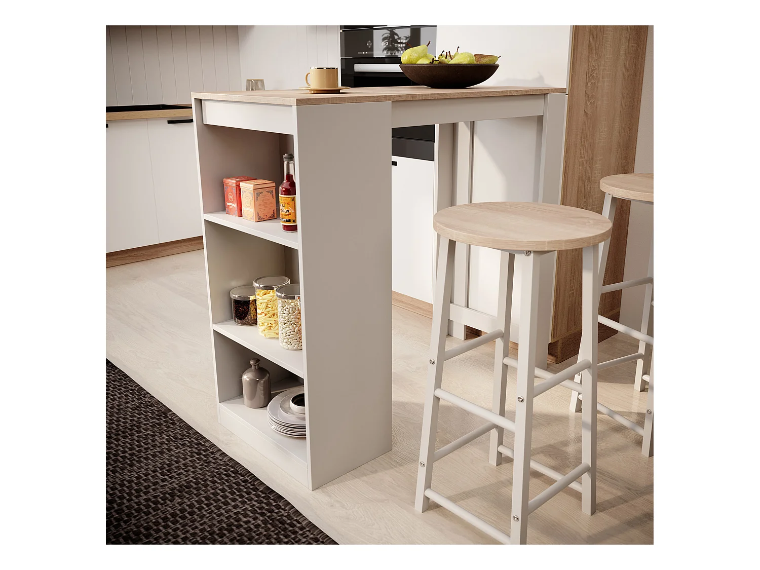 Table haute avec 2 tabourets en Blanc et Sonoma 110x50x103cm Kyra