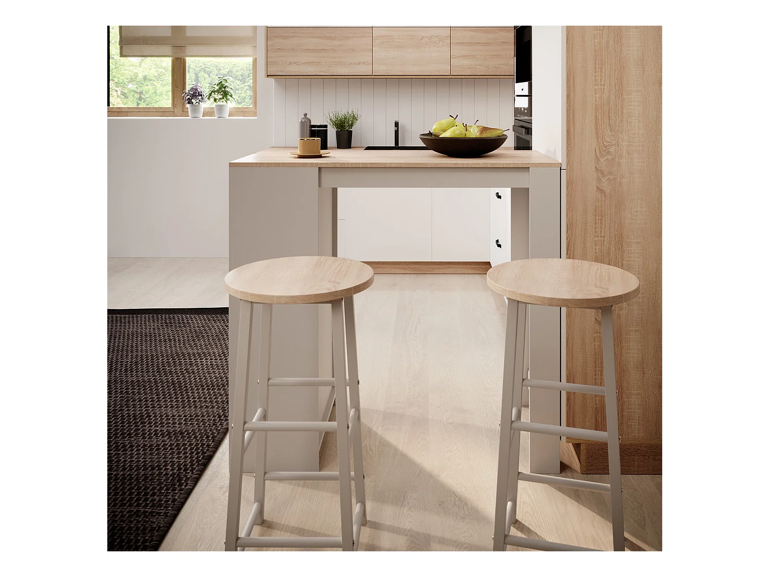 Table haute avec 2 tabourets en Blanc et Sonoma 110x50x103cm Kyra