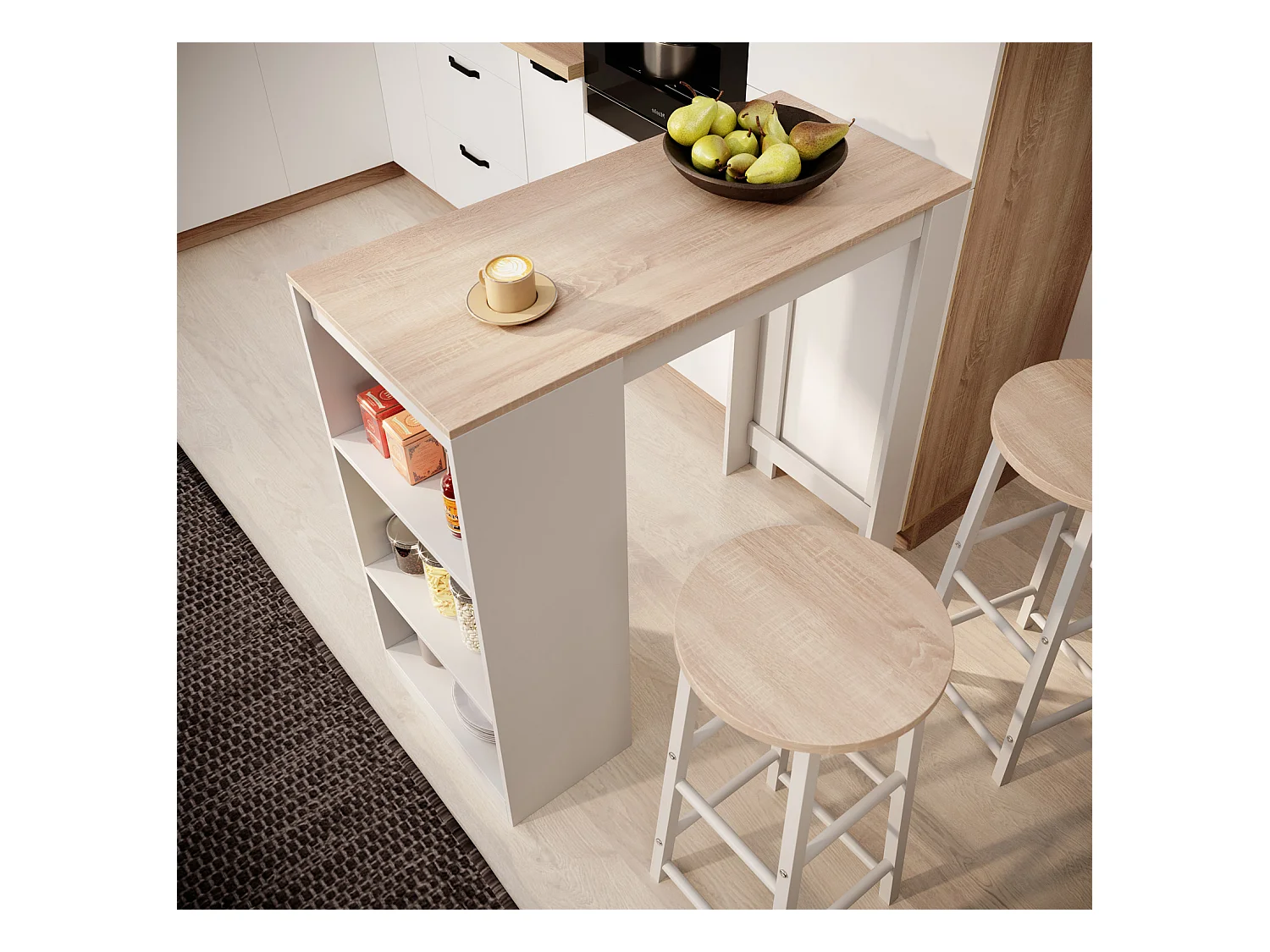 Table haute avec 2 tabourets en Blanc et Sonoma 110x50x103cm Kyra