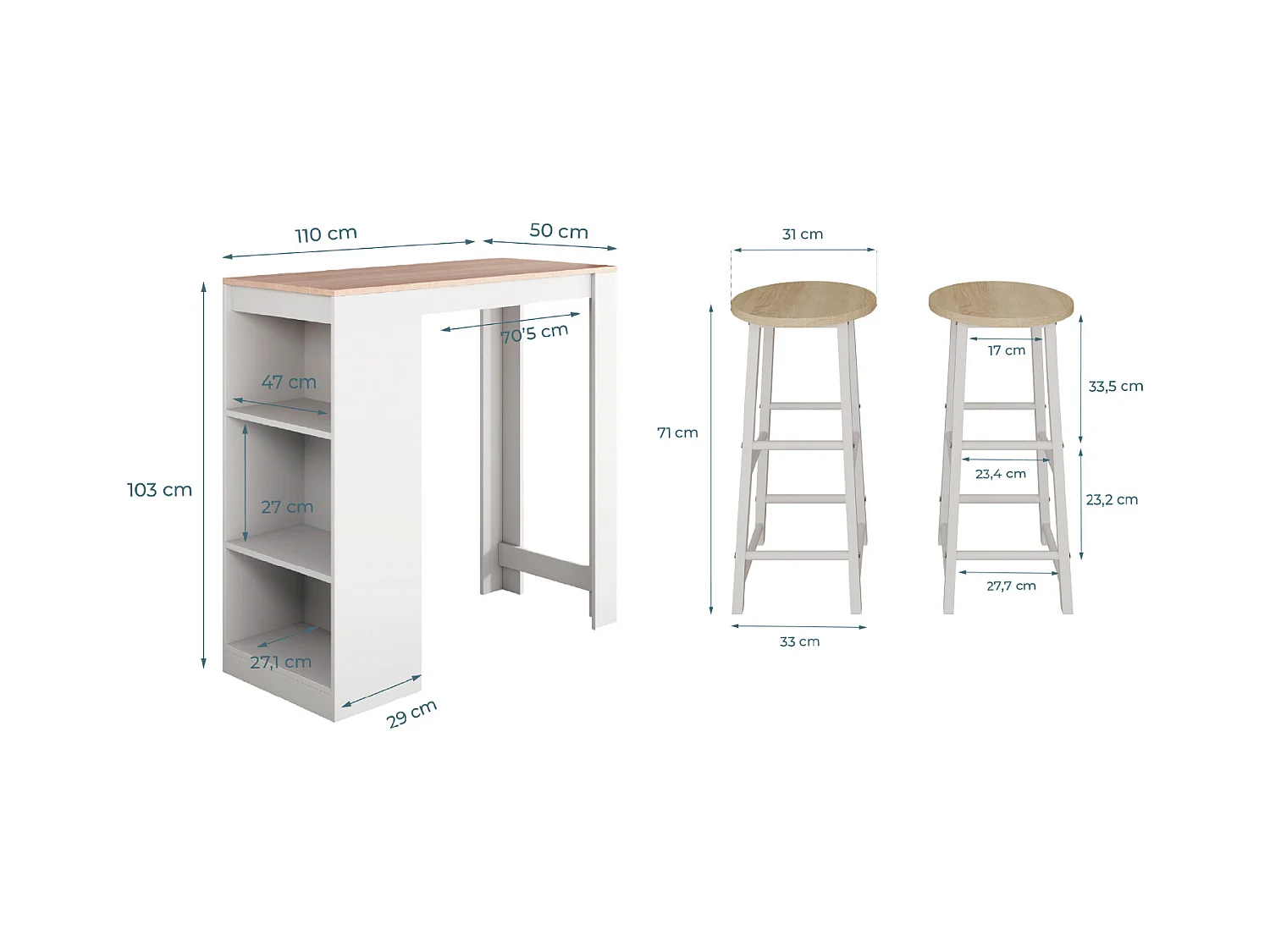 Table haute avec 2 tabourets en Blanc et Sonoma 110x50x103cm Kyra