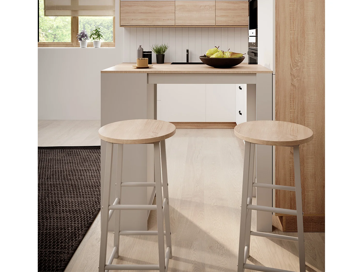 Table haute avec 2 tabourets en Blanc et Sonoma 110x50x103cm Kyra