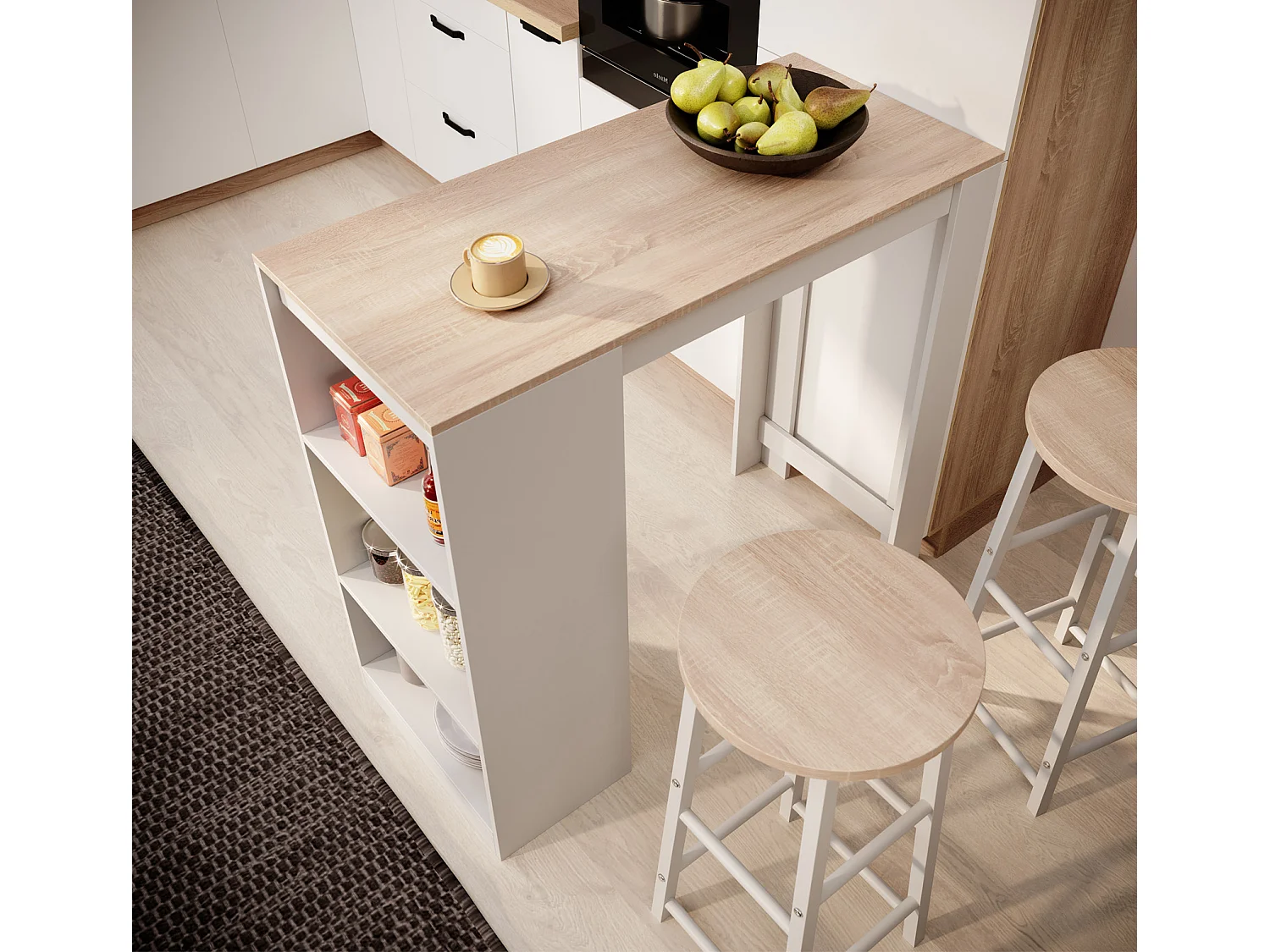 Table haute avec 2 tabourets en Blanc et Sonoma 110x50x103cm Kyra