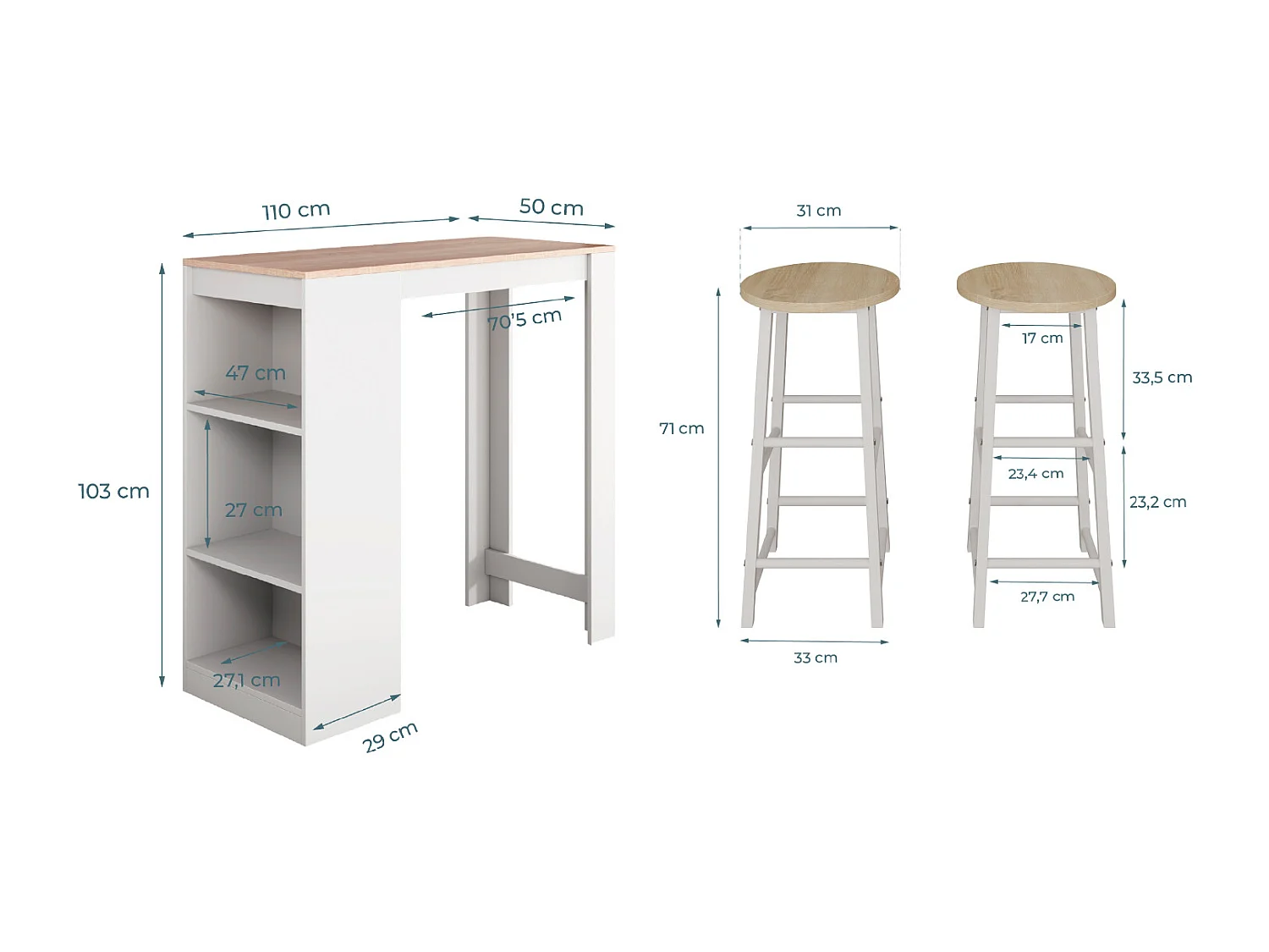 Table haute avec 2 tabourets en Blanc et Sonoma 110x50x103cm Kyra