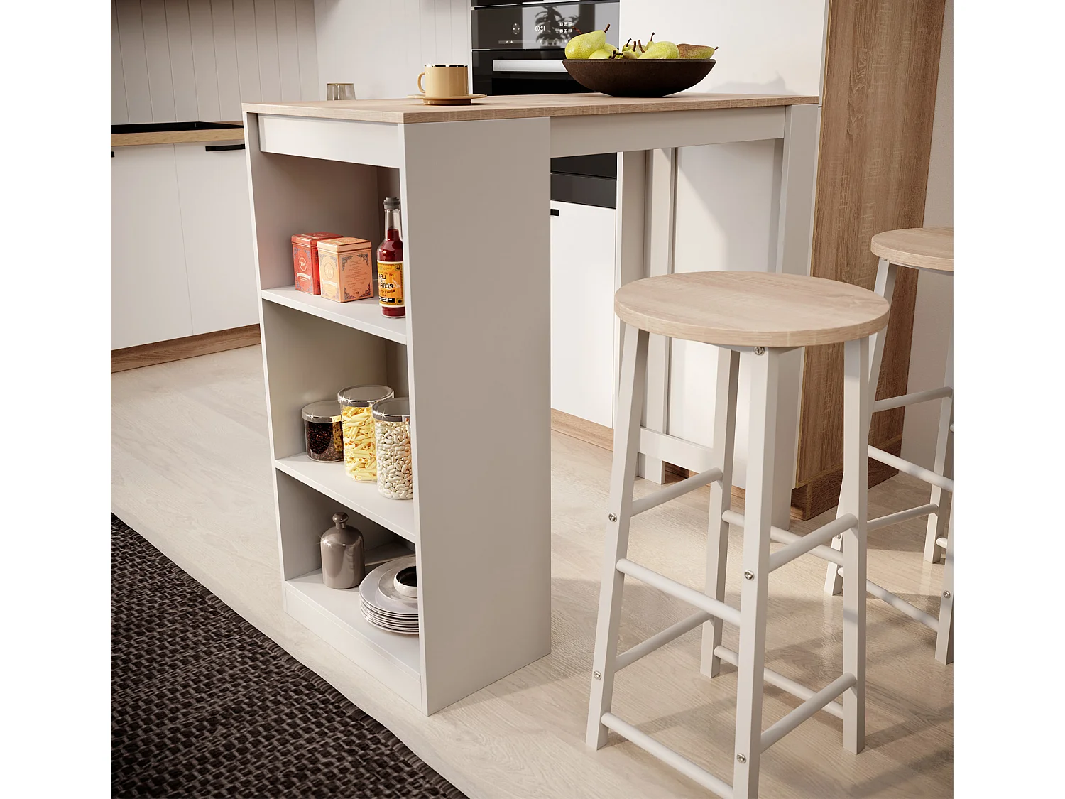 Table haute avec 2 tabourets en Blanc et Sonoma 110x50x103cm Kyra