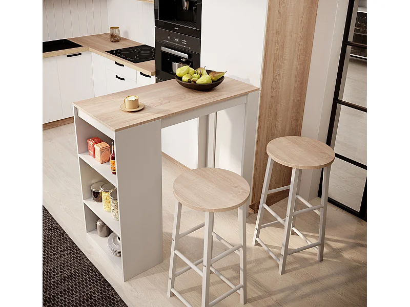Table haute avec 2 tabourets en Blanc et Sonoma 110x50x103cm Kyra
