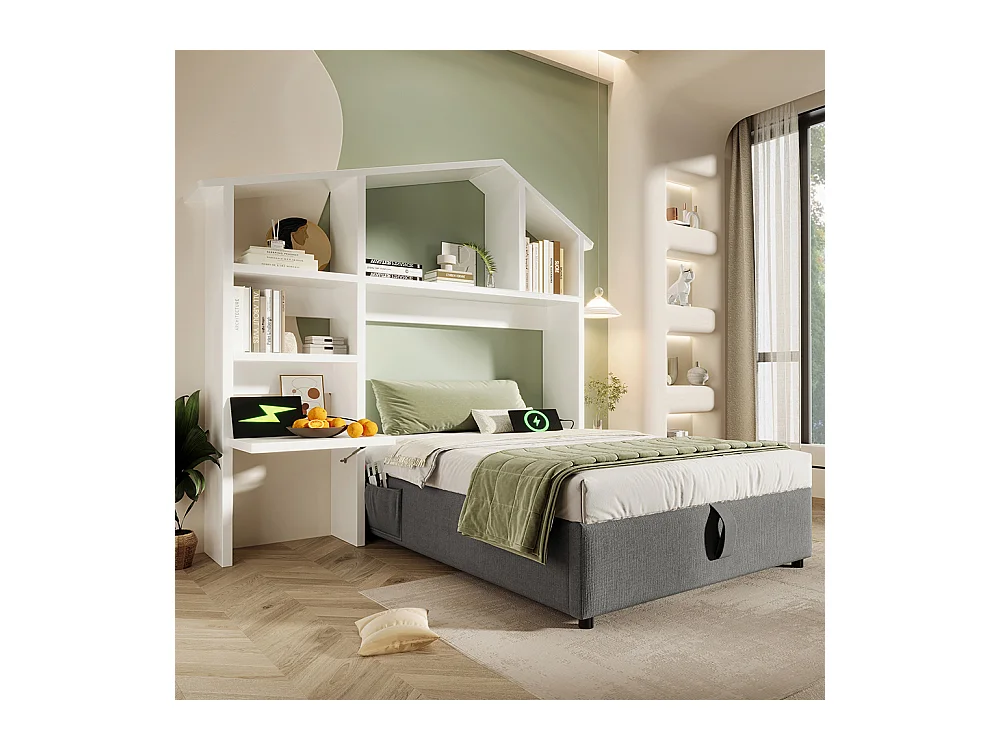 Lit coffre enfant 90x200 cm bibliothèque blanche rangement hydraulique USB-C simple gris sommier lattes draps sans matelas