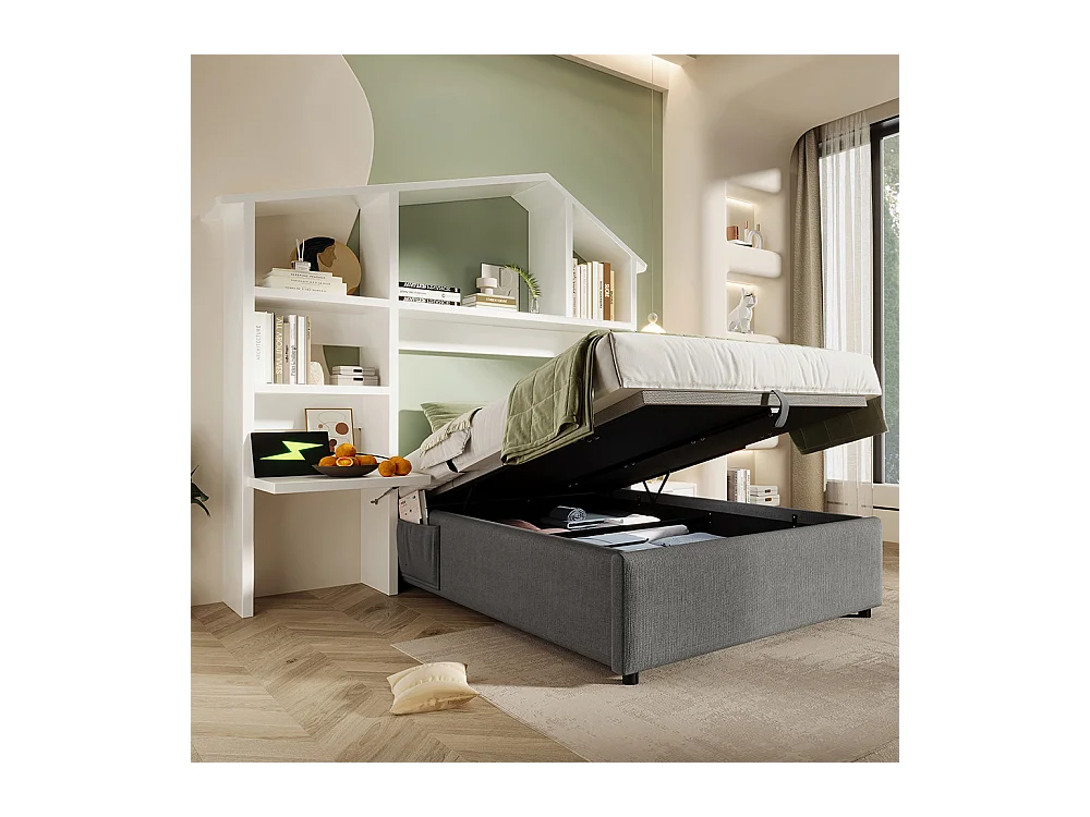Lit coffre enfant 90x200 cm bibliothèque blanche rangement hydraulique USB-C simple gris sommier lattes draps sans matelas