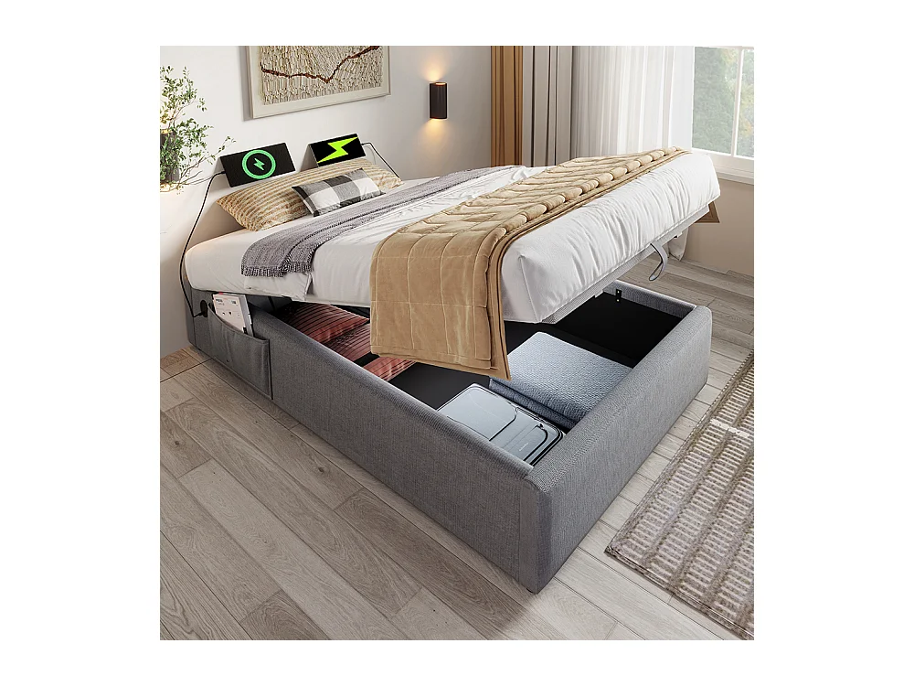 Lit coffre enfant 90x200 cm bibliothèque blanche rangement hydraulique USB-C simple gris sommier lattes draps sans matelas