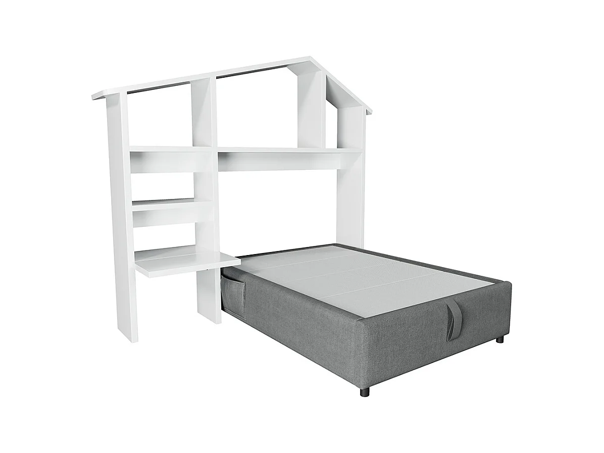 Lit coffre enfant 90x200 cm bibliothèque blanche rangement hydraulique USB-C simple gris sommier lattes draps sans matelas
