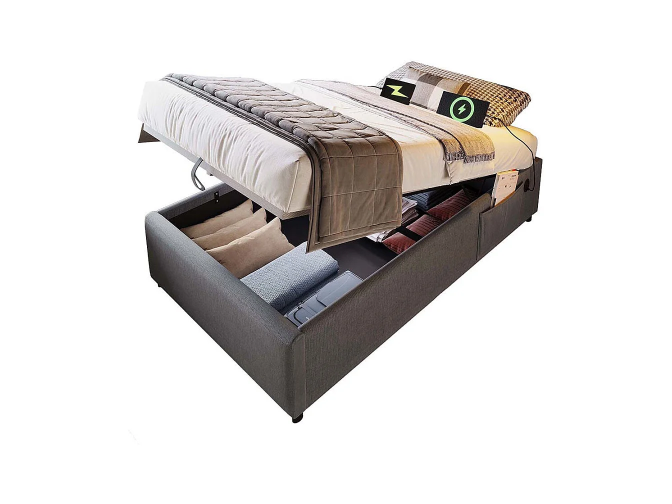 Lit coffre enfant 90x200 cm bibliothèque blanche rangement hydraulique USB-C simple gris sommier lattes draps sans matelas