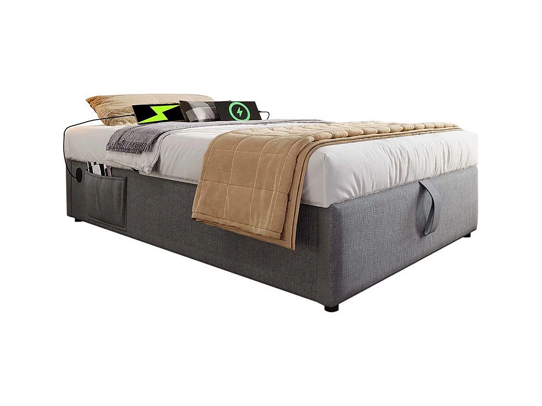 Lit coffre enfant 90x200 cm bibliothèque blanche rangement hydraulique USB-C simple gris sommier lattes draps sans matelas