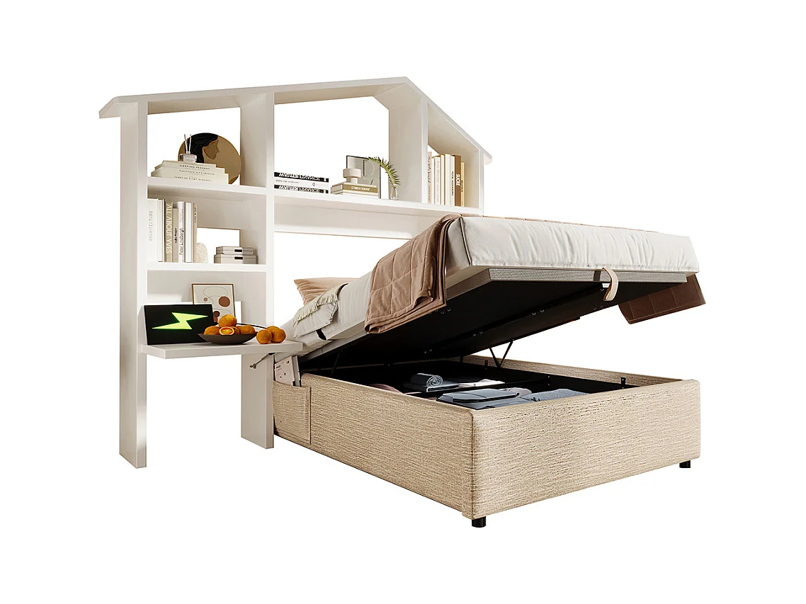 Lit coffre enfant 90x200 cm bibliothèque blanche rangement hydraulique USB-C simple couleur naturelle sommier lattes linge sans matelas