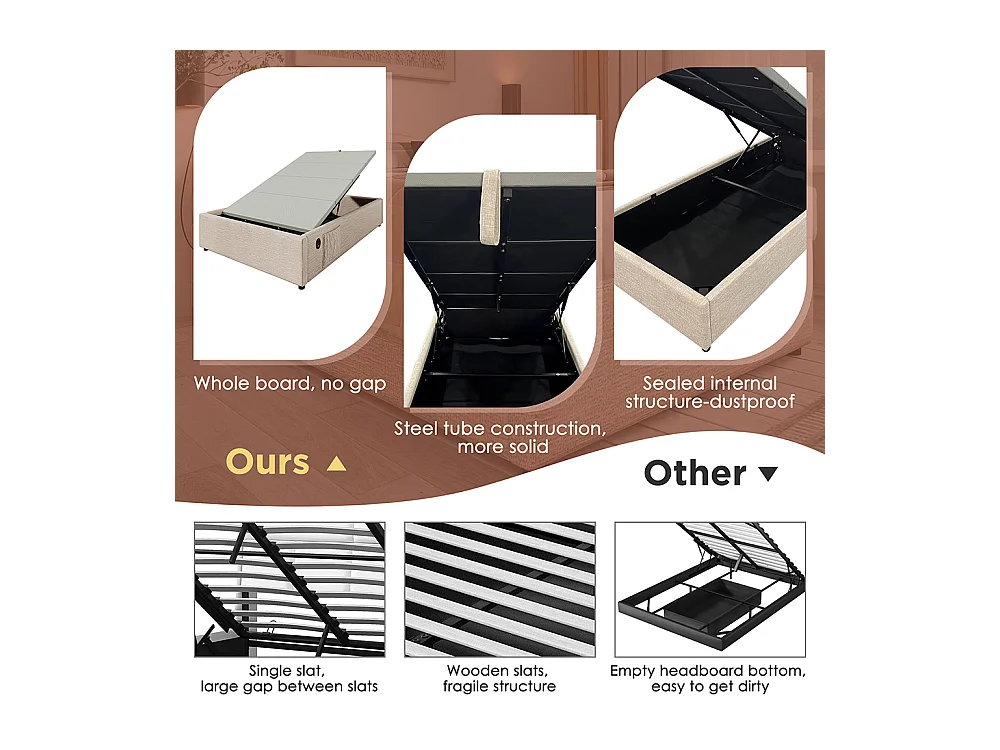 Lit coffre enfant 90x200 cm bibliothèque blanche rangement hydraulique USB-C simple couleur naturelle sommier lattes linge sans matelas